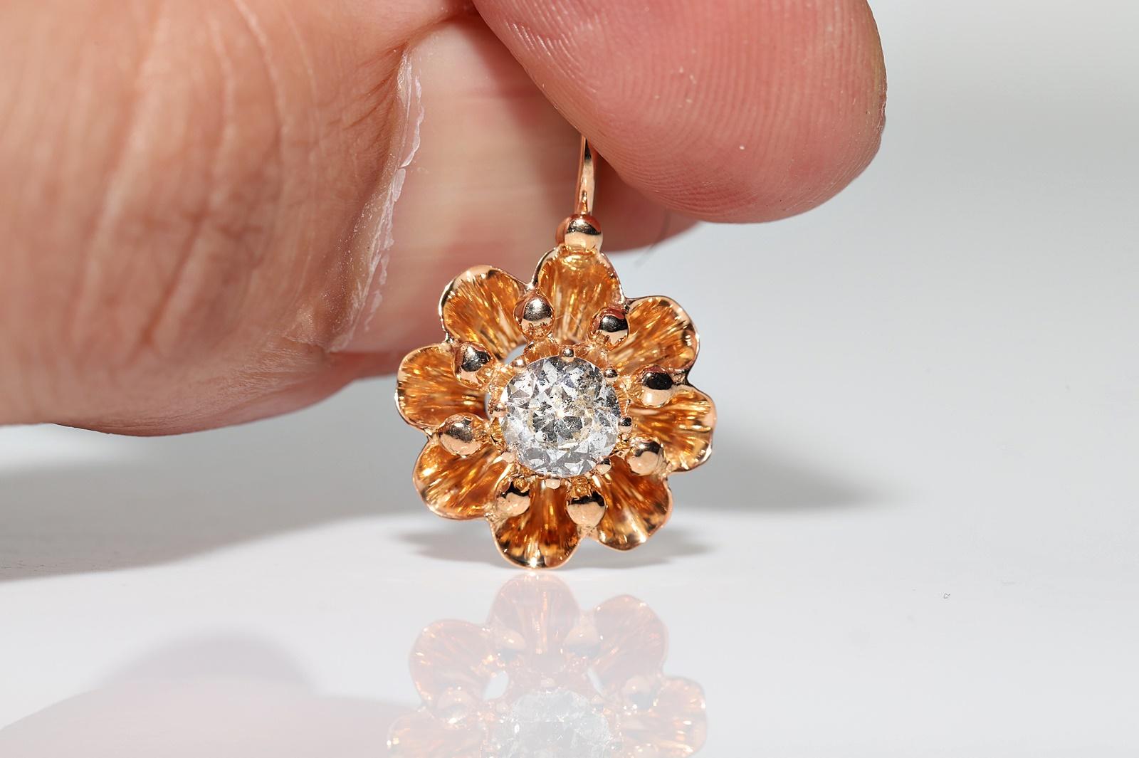 Antiker Solitär-Ohrring, um 1900er Jahre, 14k Gold, natürlicher Diamant im Altschliff, dekoriert Damen