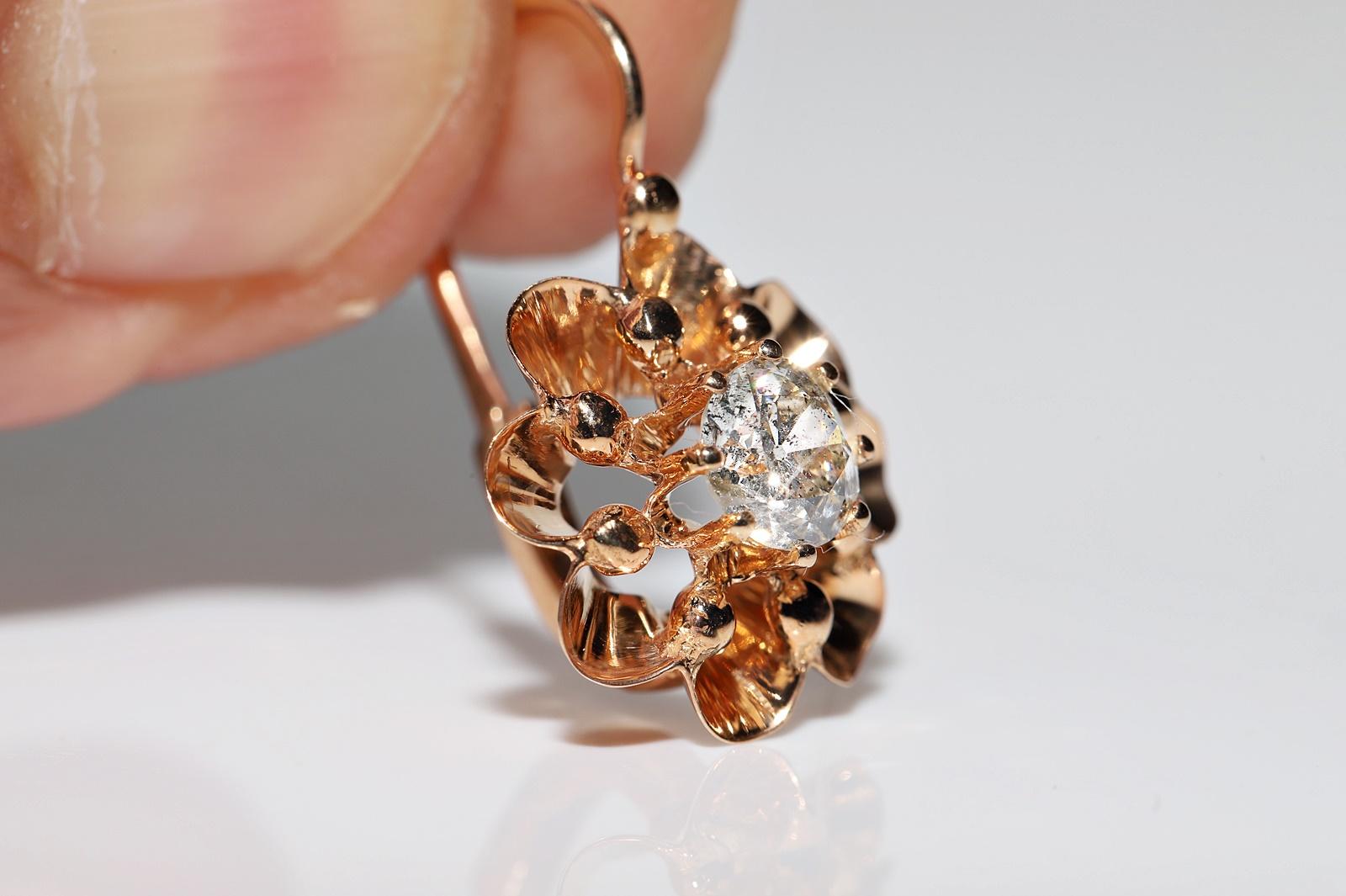 Antiker Solitär-Ohrring, um 1900er Jahre, 14k Gold, natürlicher Diamant im Altschliff, dekoriert im Angebot 1