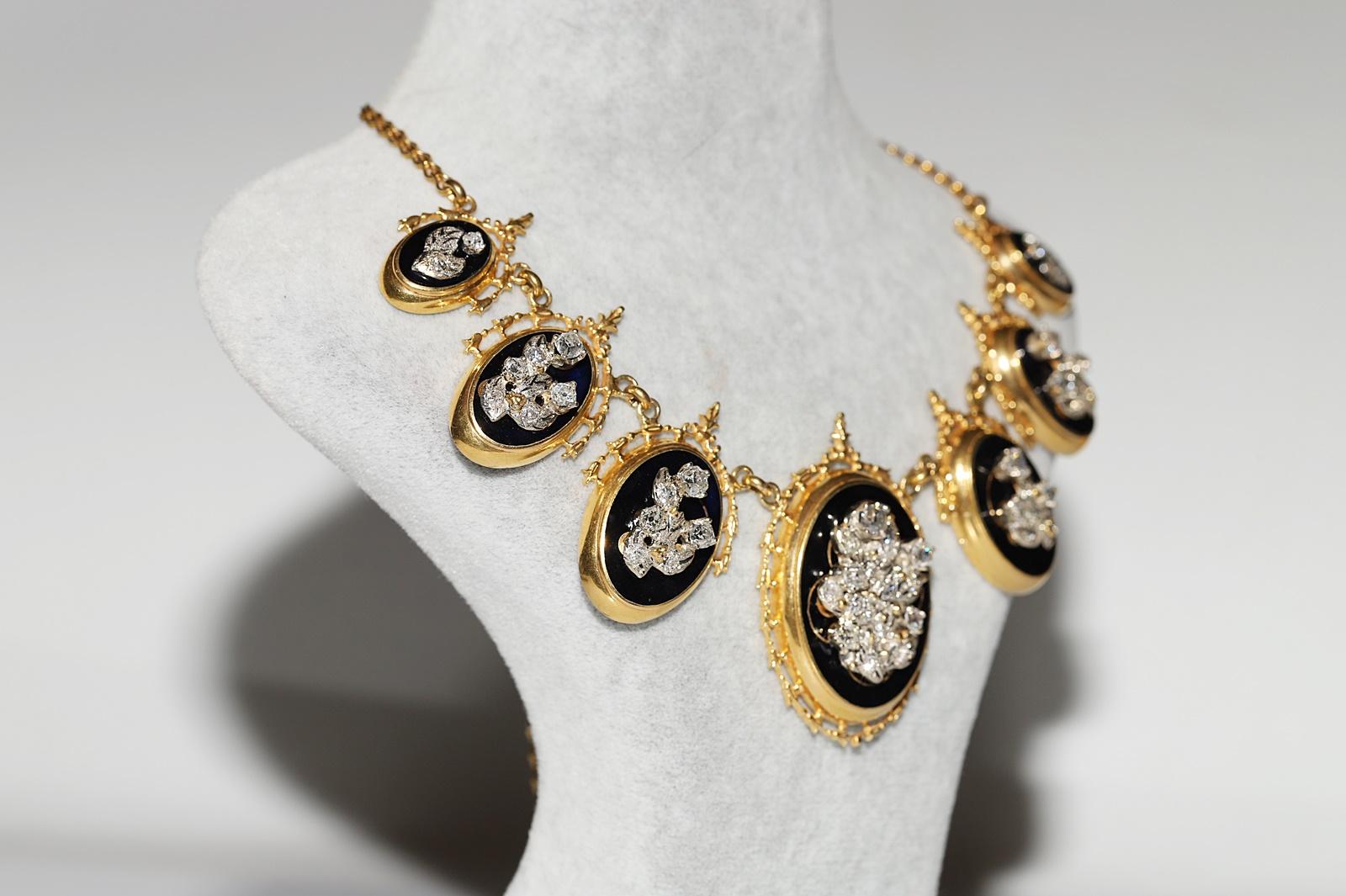 Victorien tardif Collier ancien des années 1900 en or 14 carats décoré de diamants naturels taille ancienne et d'émail en vente
