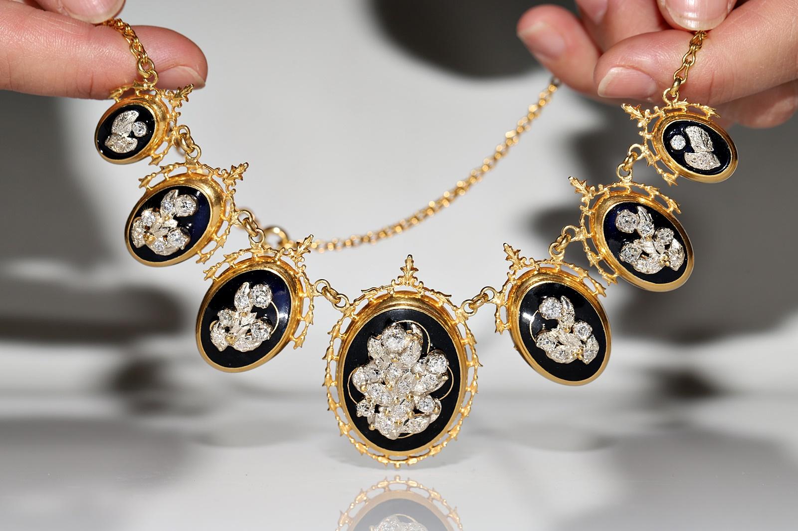 Taille vieille mine Collier ancien des années 1900 en or 14 carats décoré de diamants naturels taille ancienne et d'émail en vente