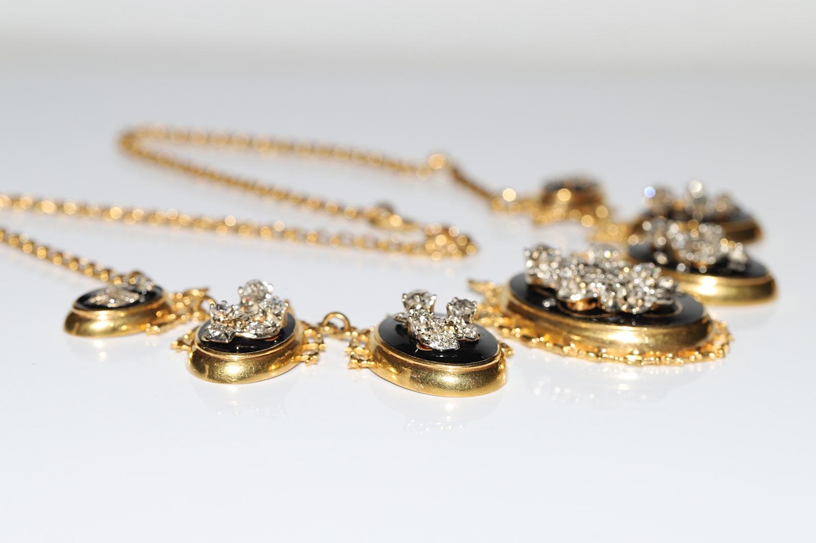 Collier ancien des années 1900 en or 14 carats décoré de diamants naturels taille ancienne et d'émail Bon état - En vente à Fatih/İstanbul, 34