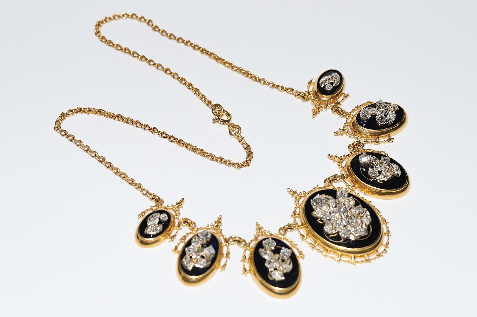 Women's Antique Circa 1900s 14k Gold Natural Old Cut Diamond Enamel Decorated Necklace  For Sale