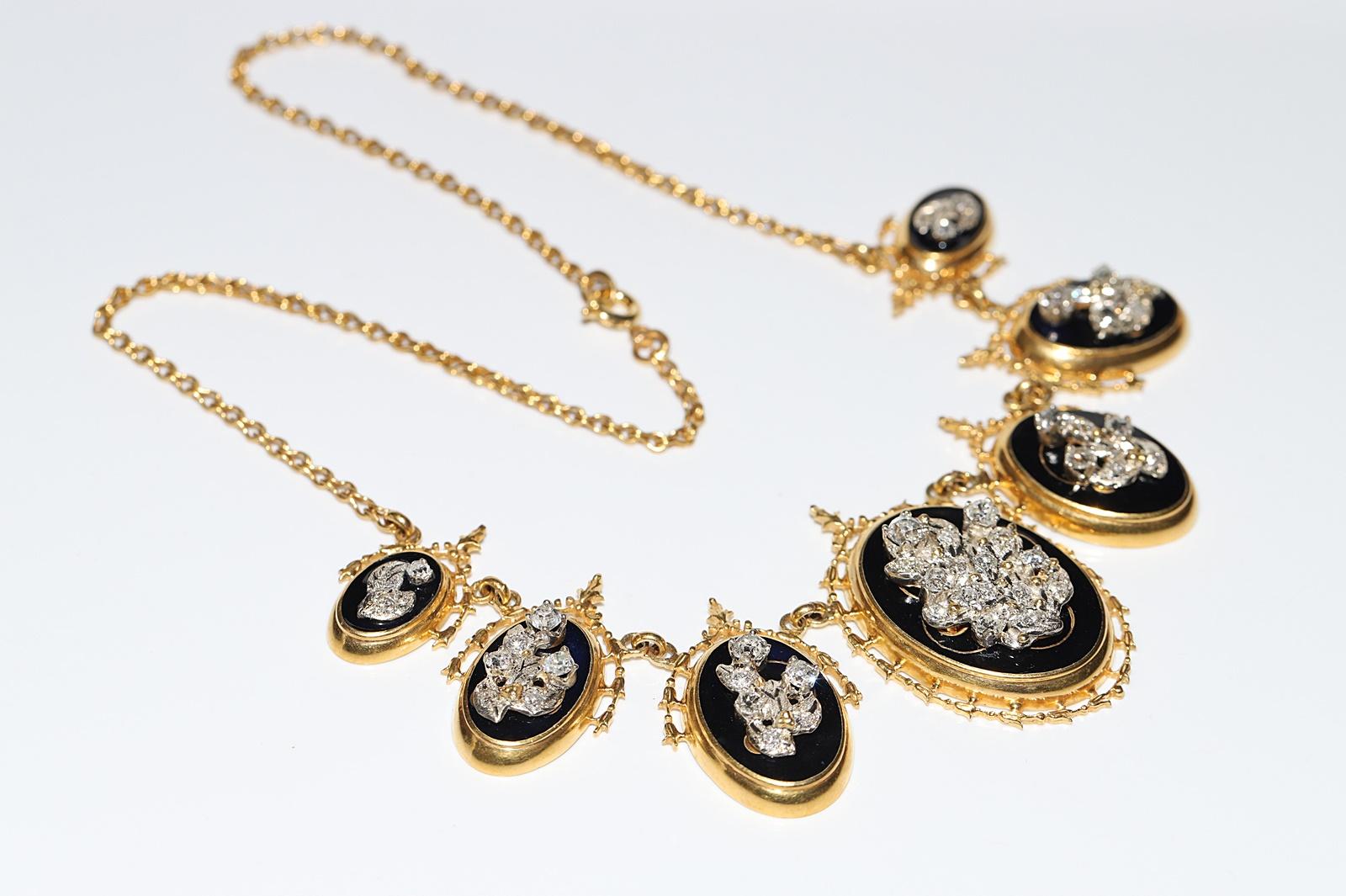 Collier ancien des années 1900 en or 14 carats décoré de diamants naturels taille ancienne et d'émail en vente 1