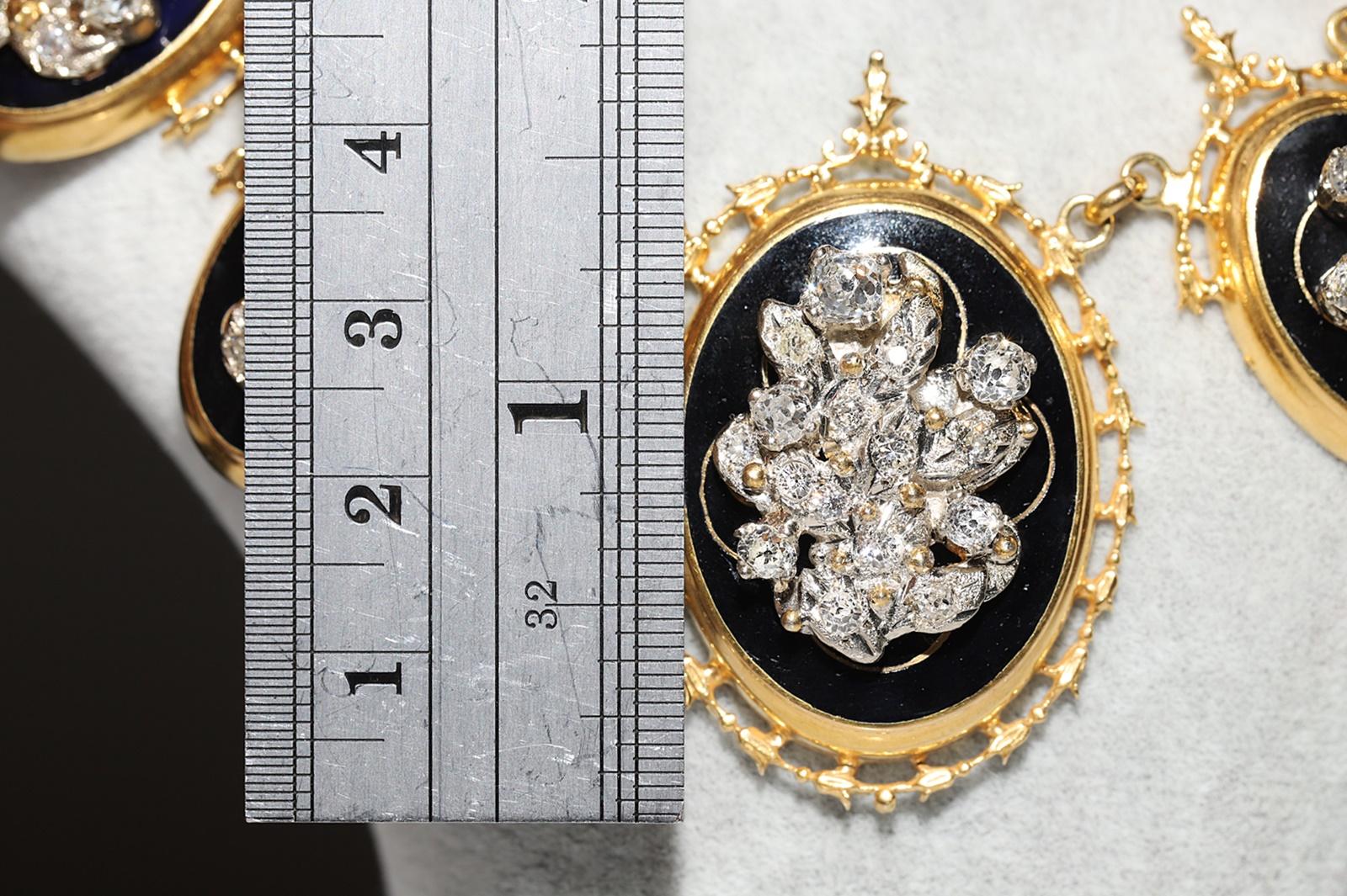 Collier ancien des années 1900 en or 14 carats décoré de diamants naturels taille ancienne et d'émail en vente 2