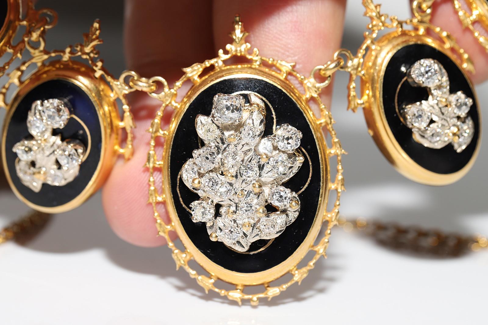 Collier ancien des années 1900 en or 14 carats décoré de diamants naturels taille ancienne et d'émail en vente 3