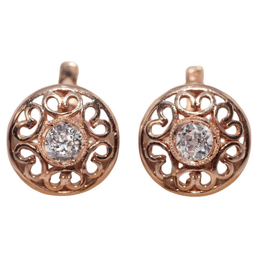 Antico orecchino solitario in oro 14k con diamante naturale taglio vecchio CIRCA 1900