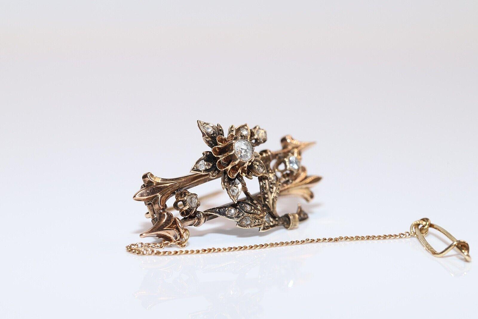 Antique Circa 1900s 14k Gold Natural Rose Cut Diamond Amazing Brooch For Sale 5