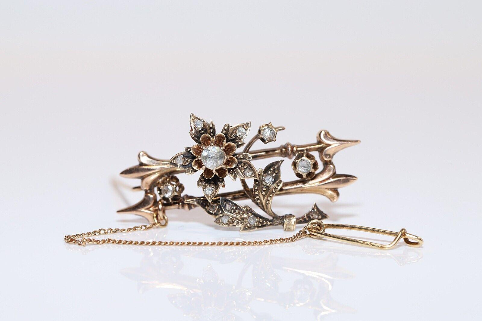 Antique Circa 1900s 14k Gold Natural Rose Cut Diamond Amazing Brooch For Sale 6
