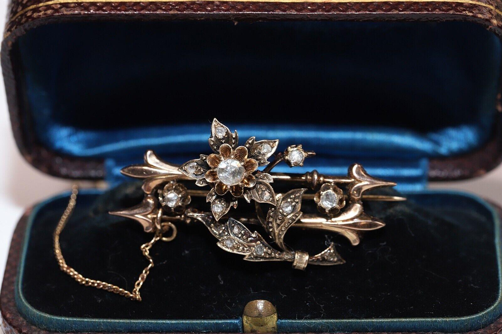 Antike, um 1900er Jahre, 14k Gold, natürlicher Diamant im Rosenschliff, erstaunliche Brosche im Angebot 7