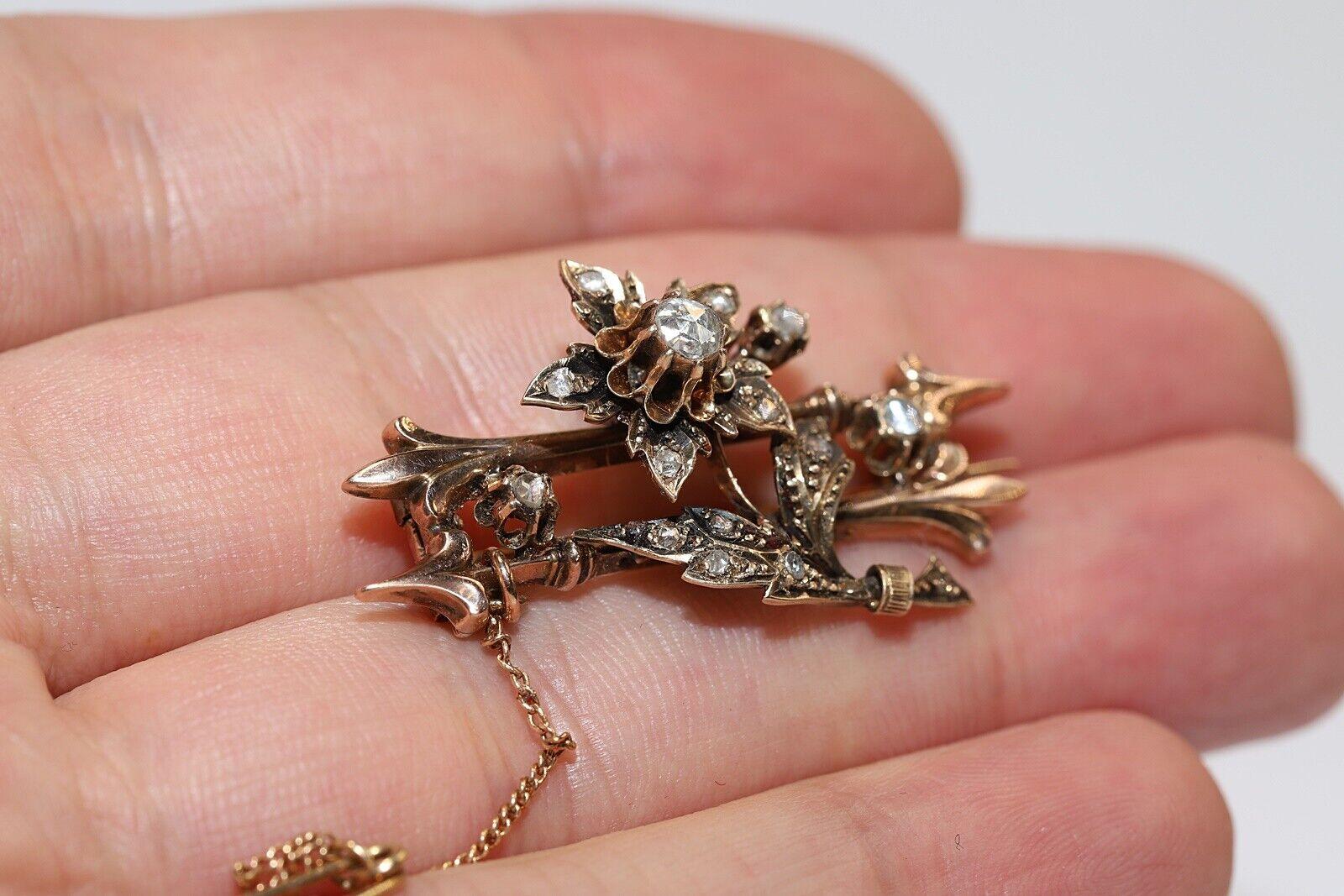 Late Victorian Antique Circa 1900s 14k Gold Natural Rose Cut Diamond Amazing Brooch For Sale