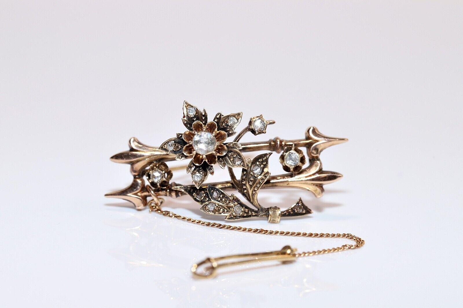 Antique Circa 1900s 14k Gold Natural Rose Cut Diamond Amazing Brooch For Sale 3