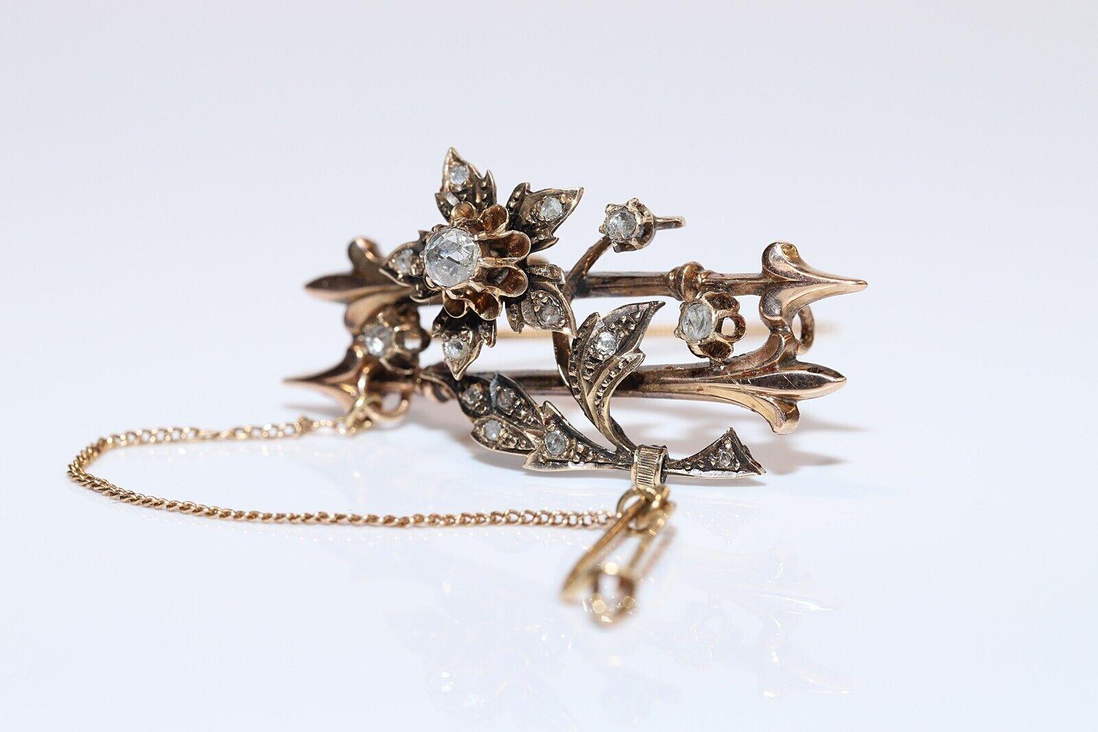 Antique Circa 1900s 14k Gold Natural Rose Cut Diamond Amazing Brooch For Sale 4