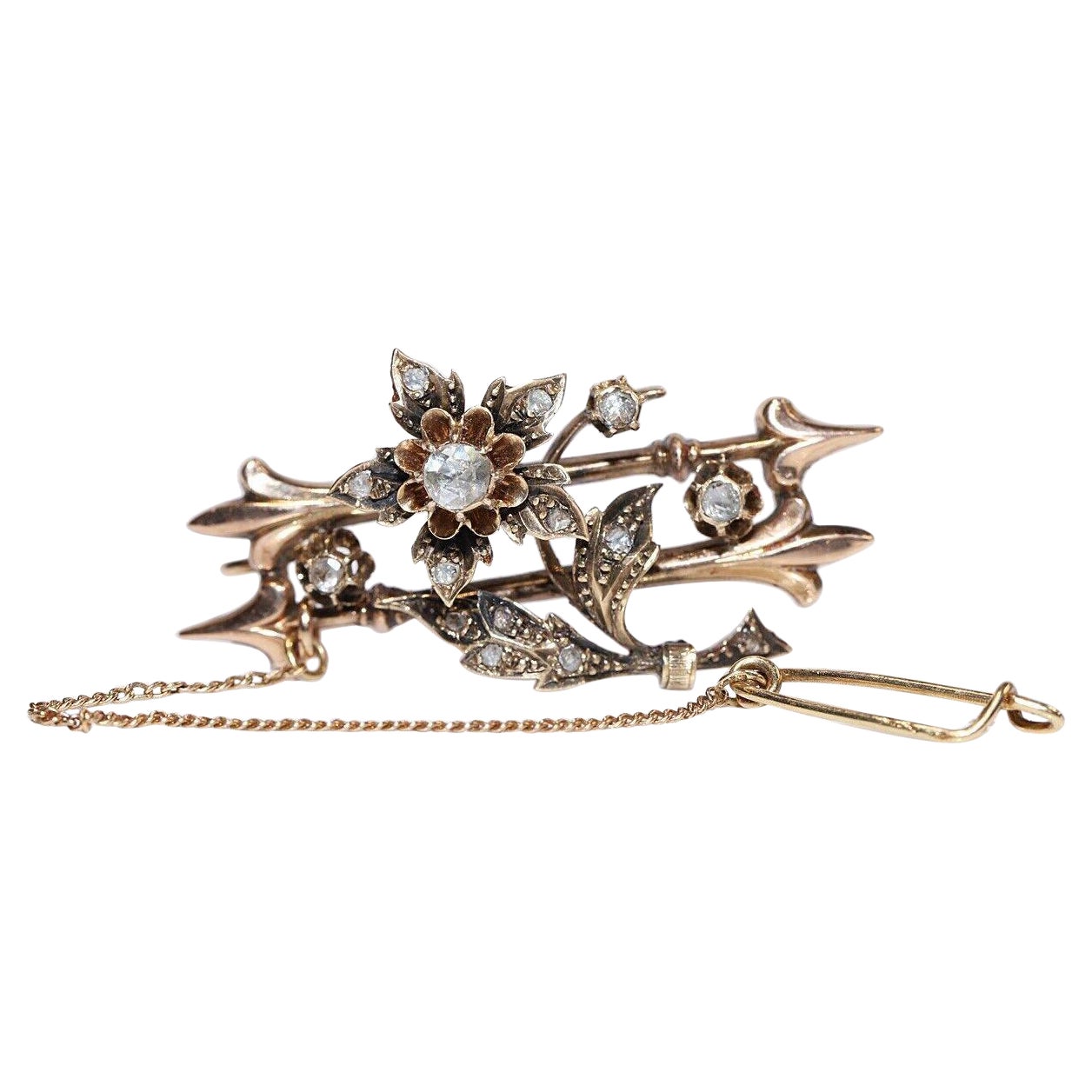 Antiguo Circa 1900s 14k Oro Natural Corte Rosa Diamante Sorprendente Broche