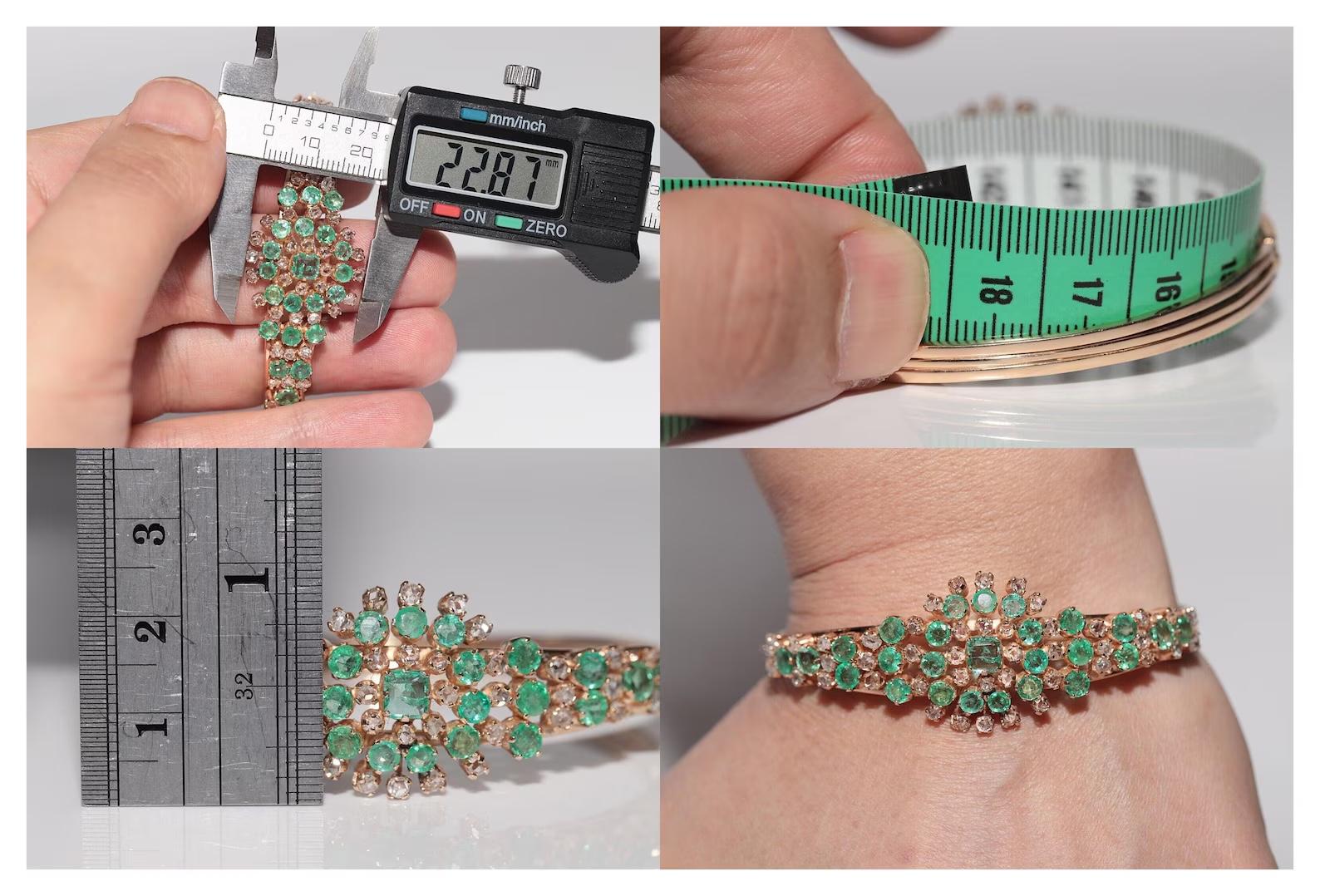 Antikes Armband aus 14 Karat Gold mit Diamanten im natürlichen Rosenschliff und Smaragd, um 1900 im Angebot 5