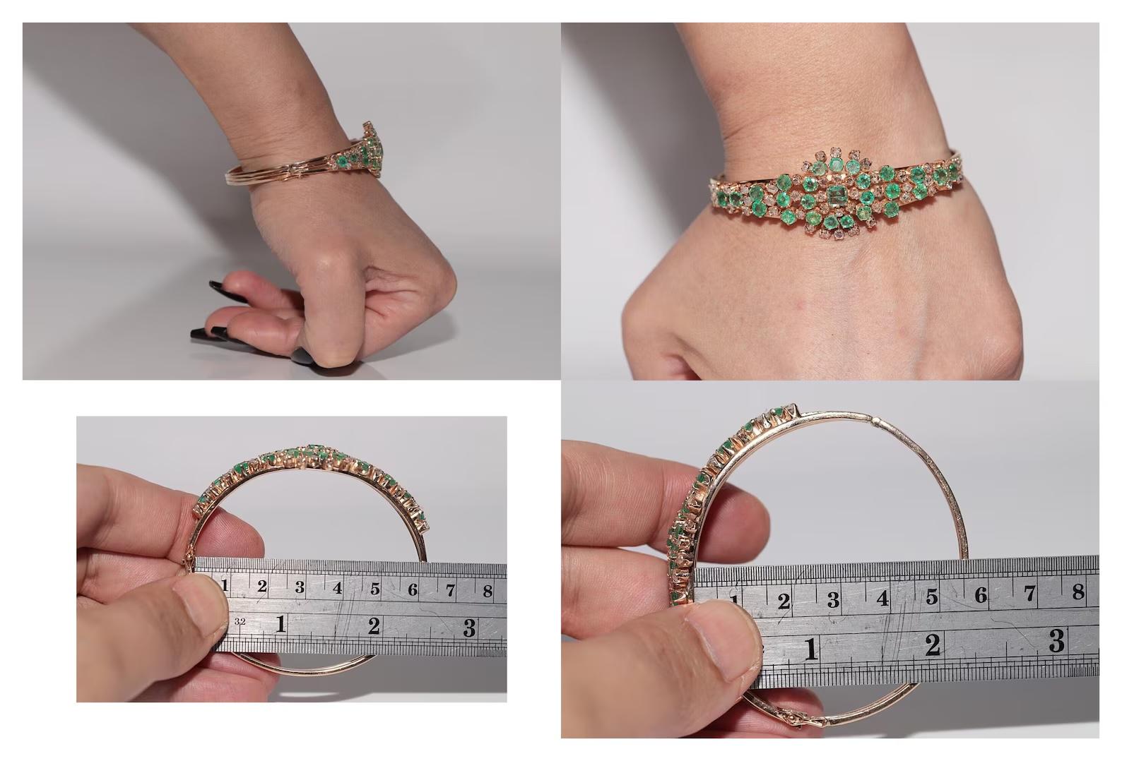 Antikes Armband aus 14 Karat Gold mit Diamanten im natürlichen Rosenschliff und Smaragd, um 1900 im Angebot 6