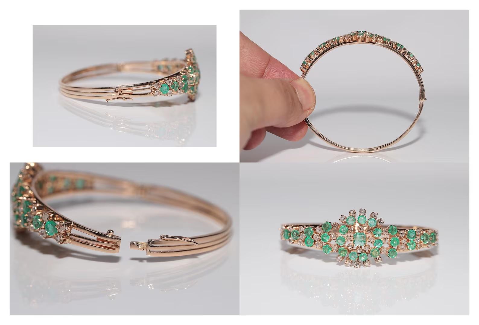 Antikes Armband aus 14 Karat Gold mit Diamanten im natürlichen Rosenschliff und Smaragd, um 1900 im Angebot 3