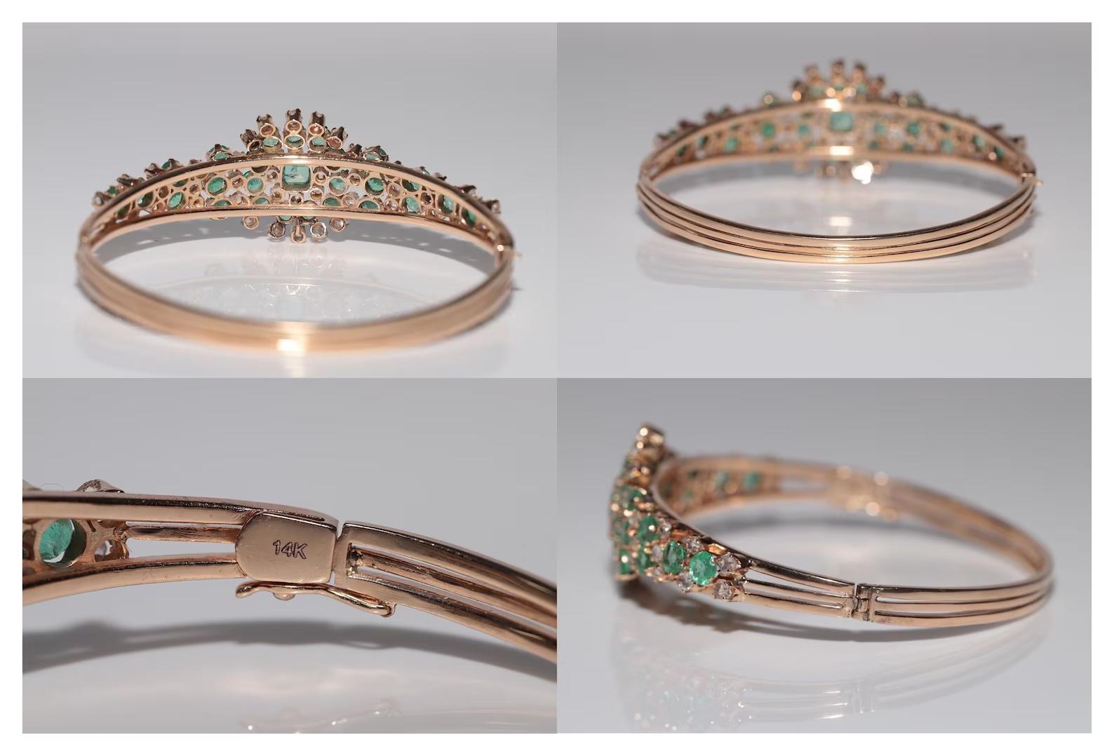 Antikes Armband aus 14 Karat Gold mit Diamanten im natürlichen Rosenschliff und Smaragd, um 1900 im Angebot 4