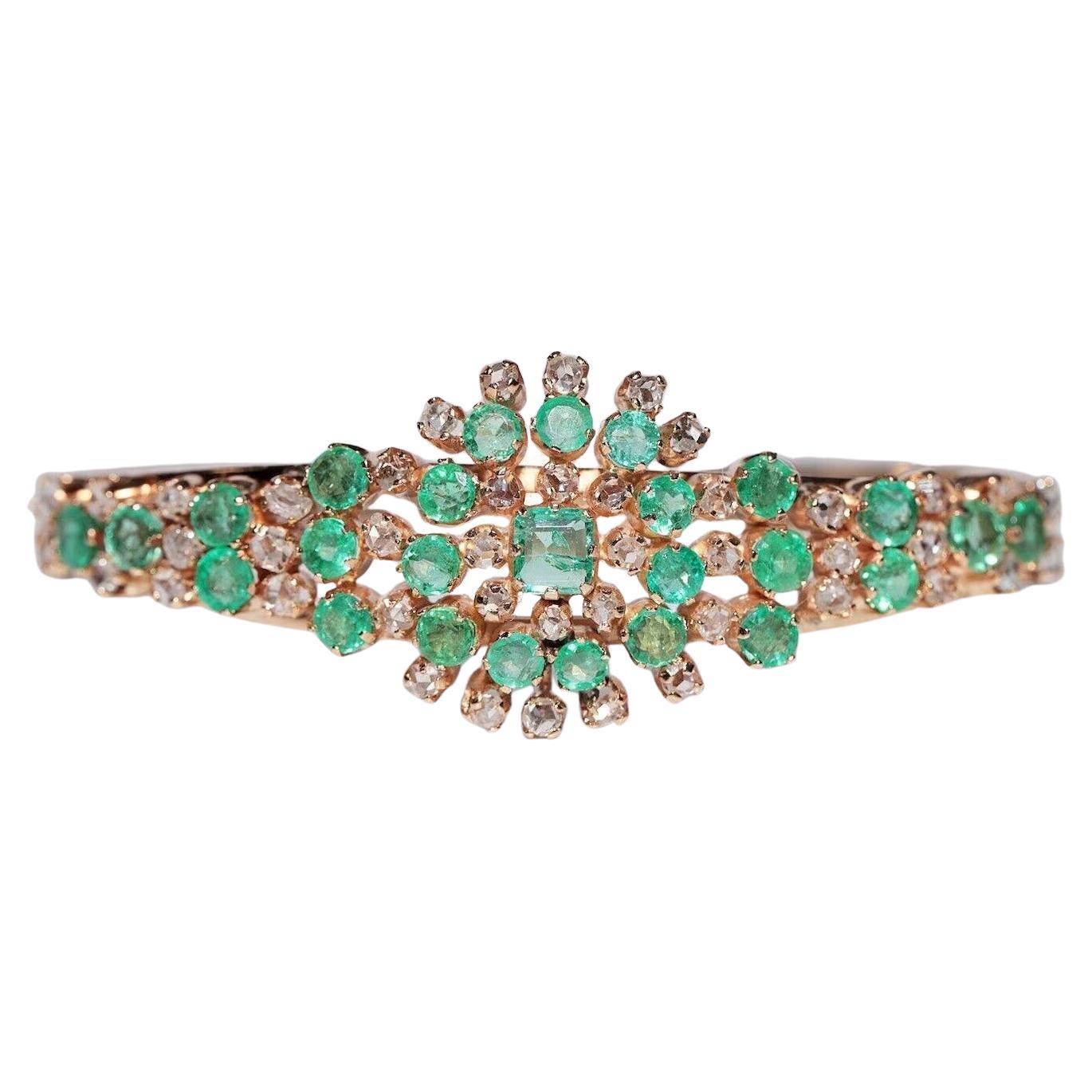 Bracciale antico CIRCA 1900 in oro 14k con diamanti naturali taglio rosa e smeraldi
