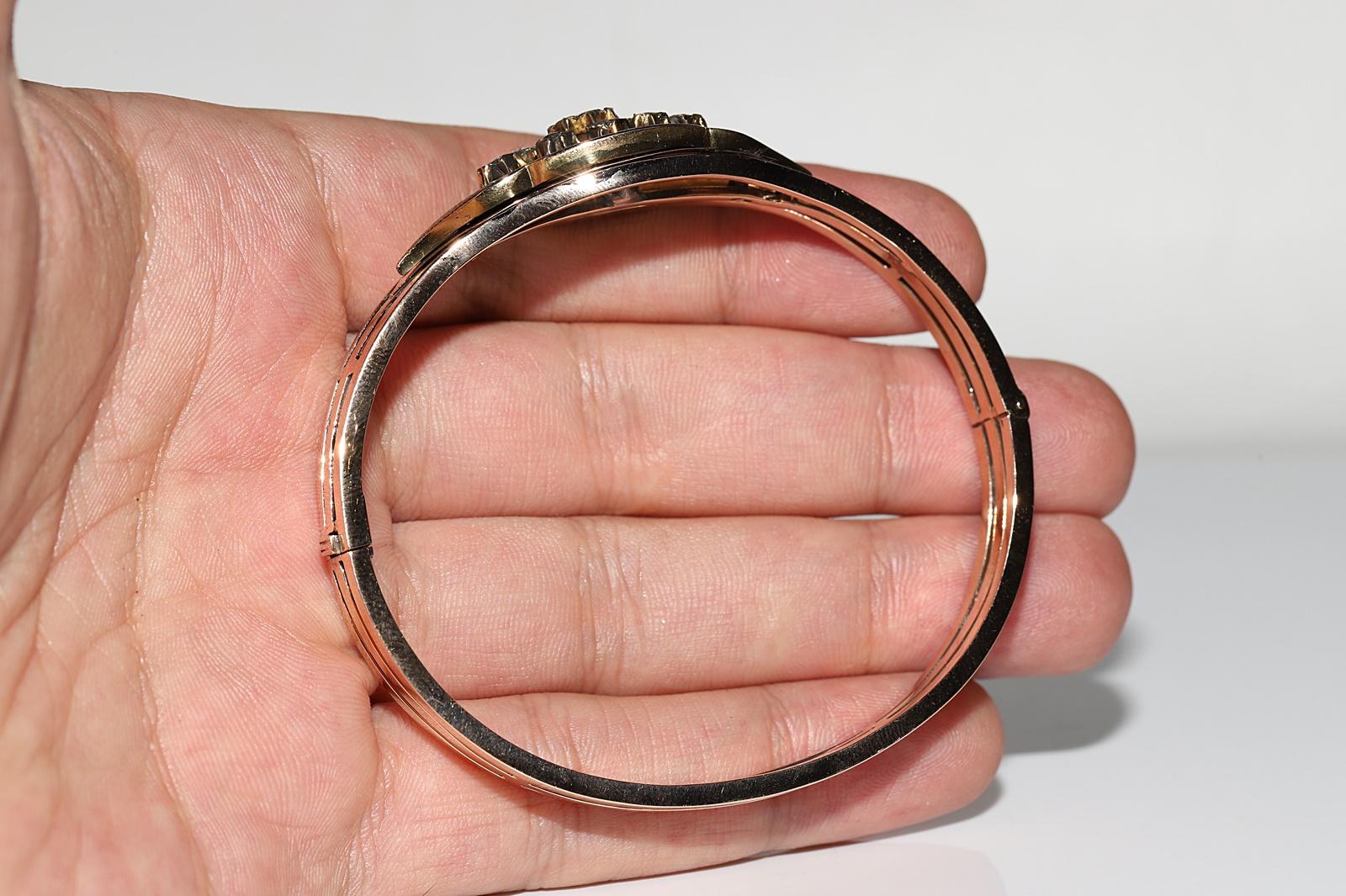 Bracelet ancien en or 14k Circa 1900, diamant naturel taillé en rose et émail en vente 11