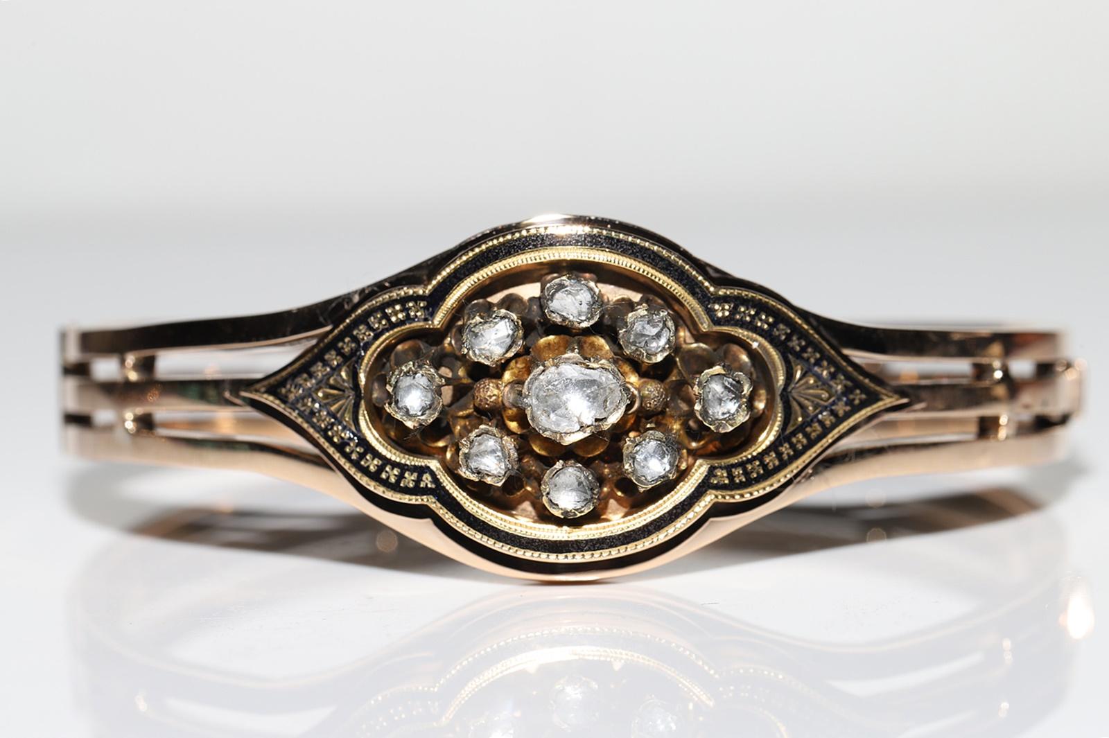 Victorien Bracelet ancien en or 14k Circa 1900, diamant naturel taillé en rose et émail en vente