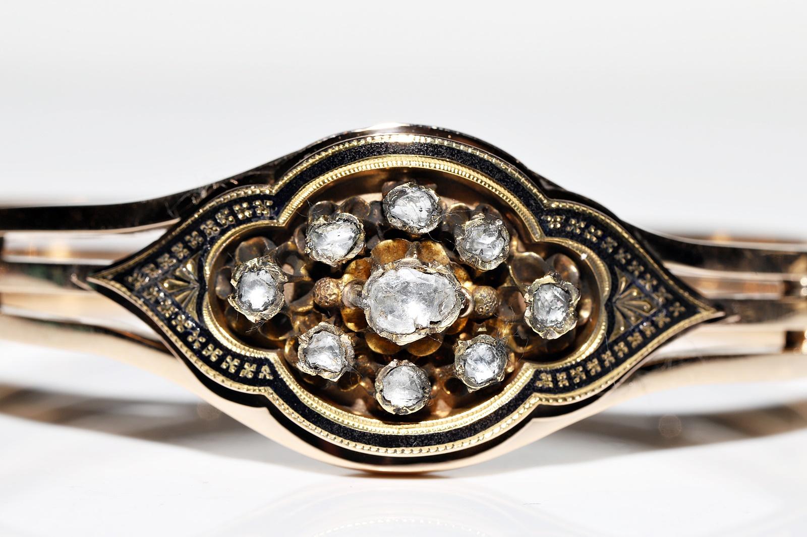 Taille rose Bracelet ancien en or 14k Circa 1900, diamant naturel taillé en rose et émail en vente