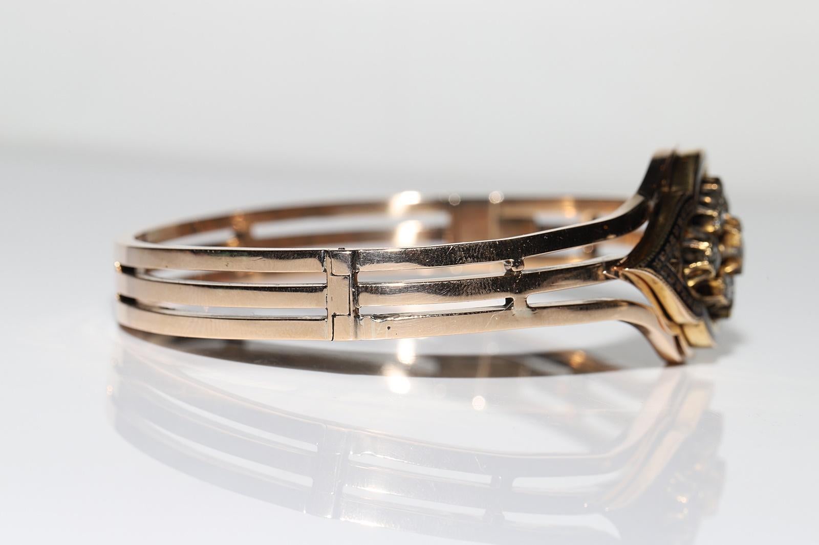 Bracelet ancien en or 14k Circa 1900, diamant naturel taillé en rose et émail Pour femmes en vente