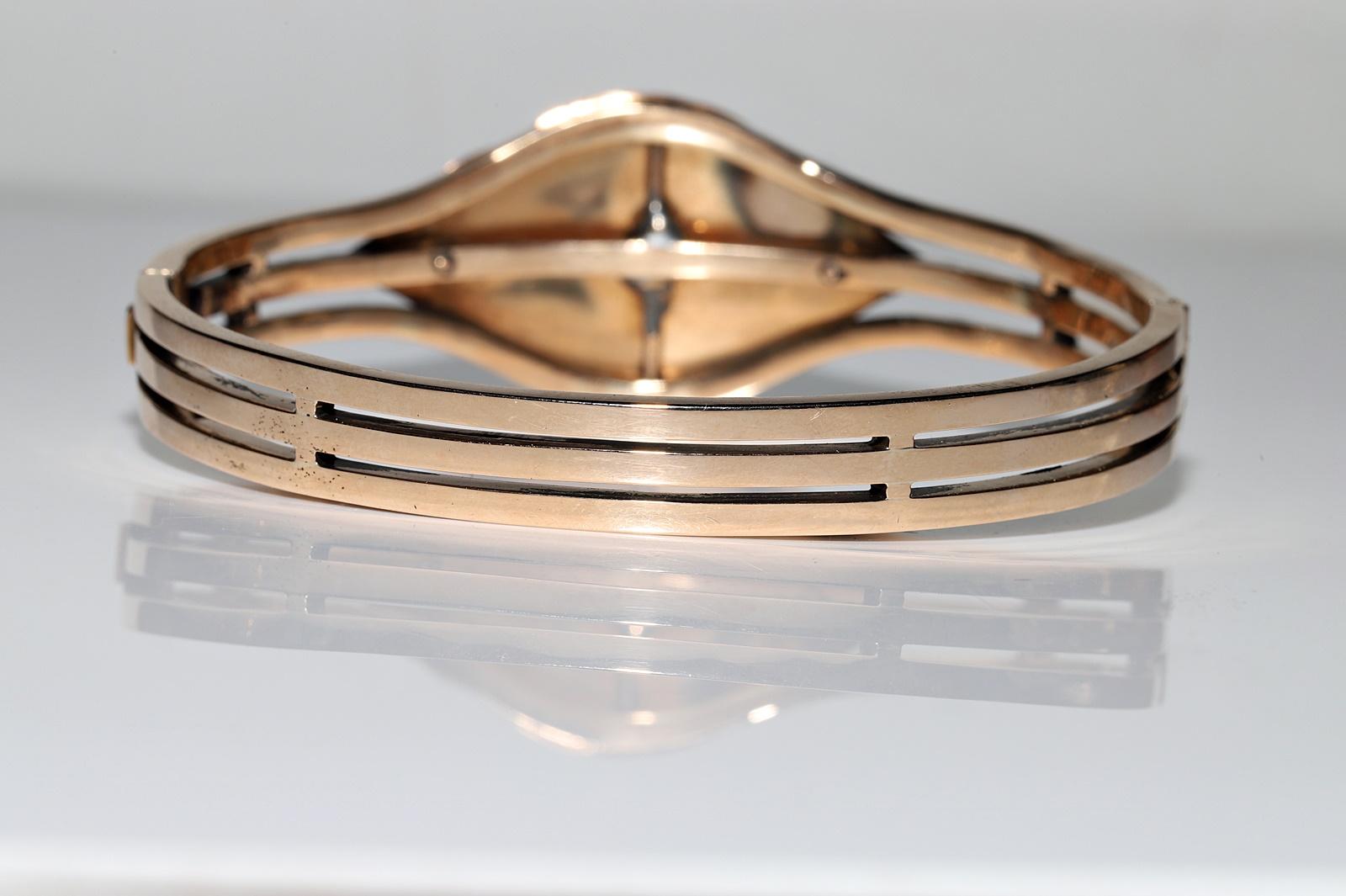 Bracelet ancien en or 14k Circa 1900, diamant naturel taillé en rose et émail en vente 2