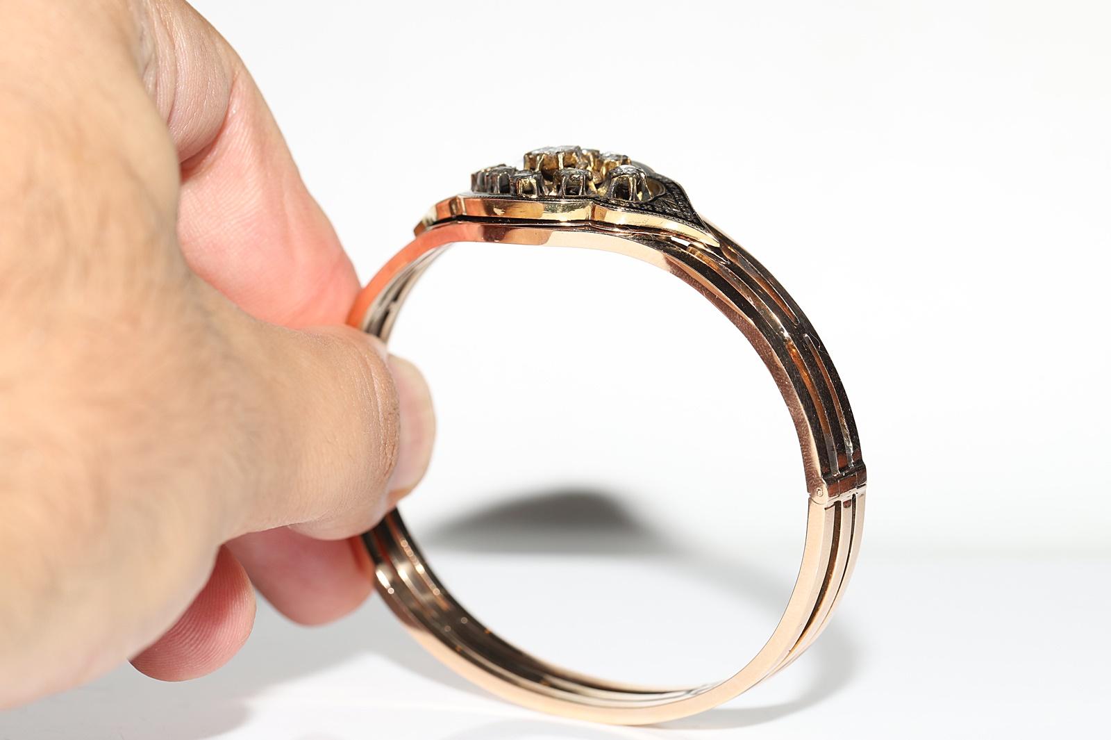 Bracelet ancien en or 14k Circa 1900, diamant naturel taillé en rose et émail en vente 3