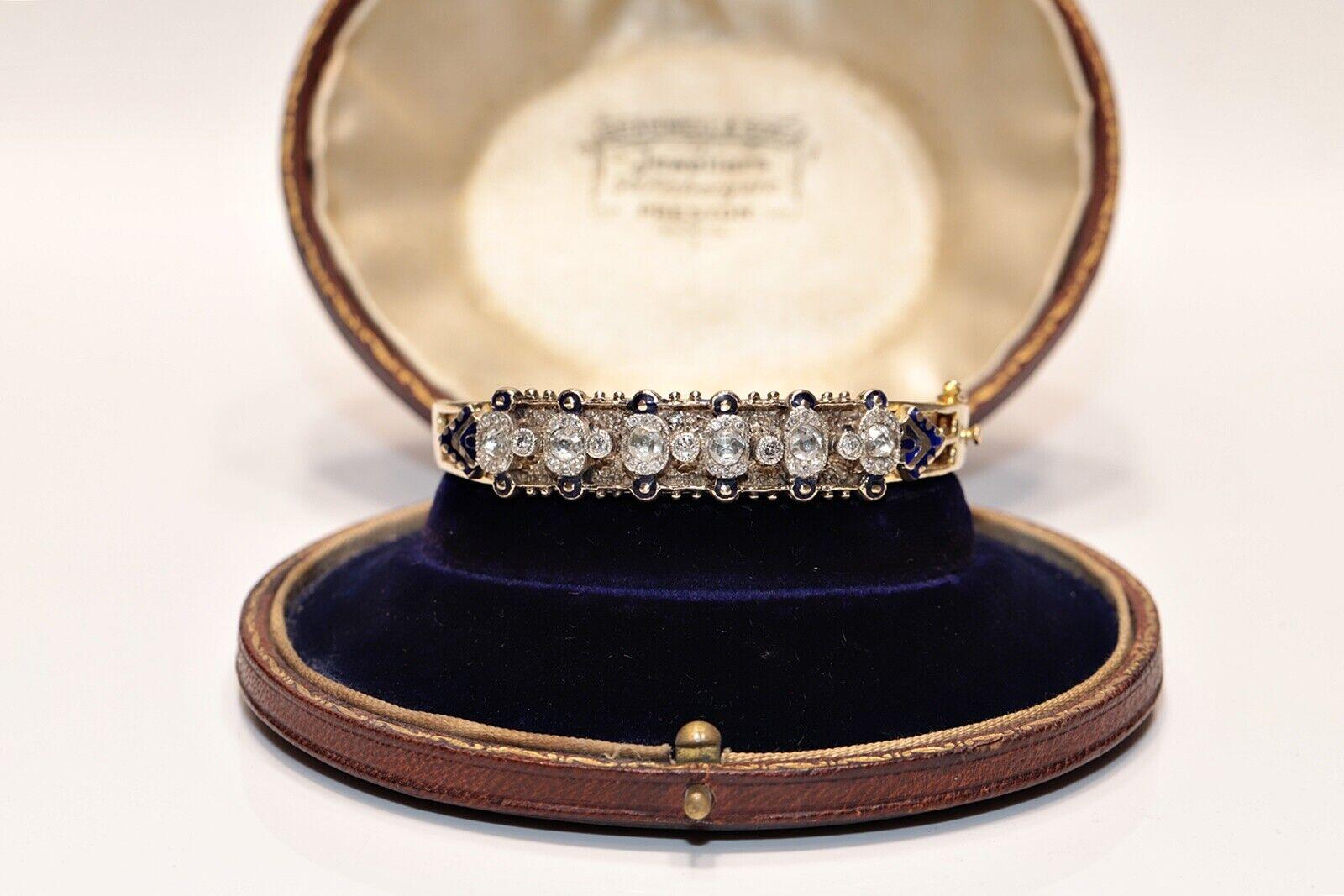 Antique Circa 1900s 14k Gold Natural Rose Cut Diamond And Enamel Bracelet For Sale 6
