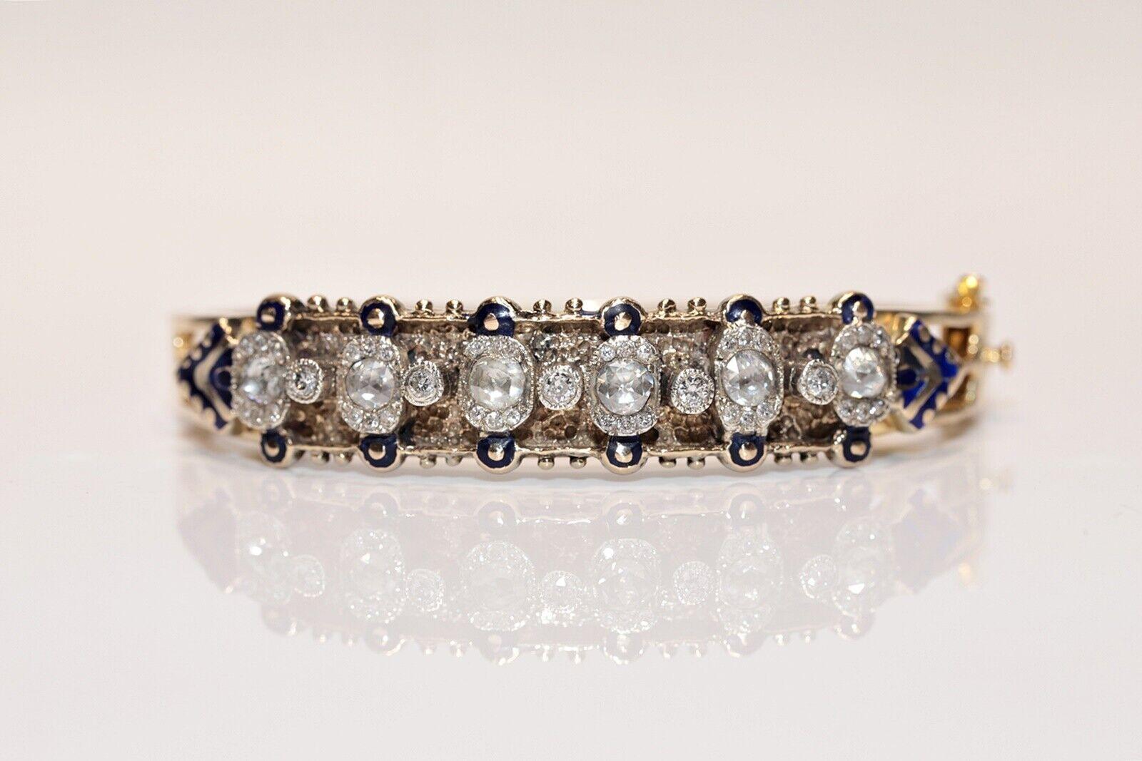 Bracelet ancien des années 1900 en or 14 carats, diamants naturels taille rose et émail en vente 6