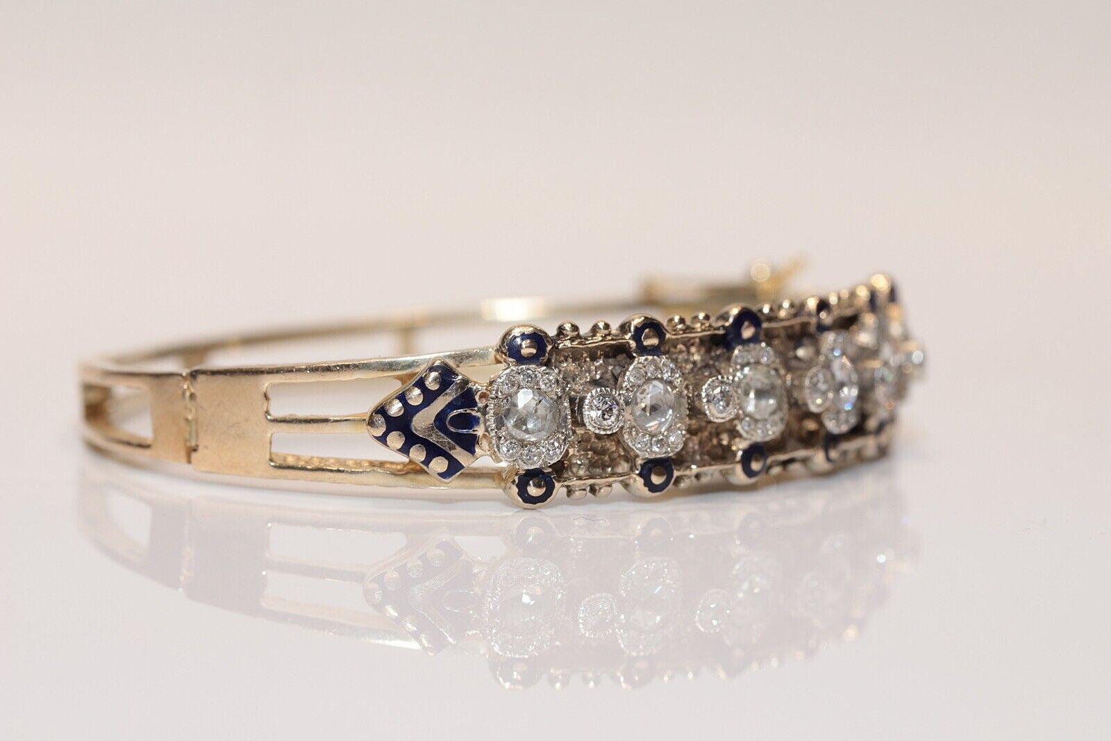 Antique Circa 1900s 14k Gold Natural Rose Cut Diamond And Enamel Bracelet For Sale 8