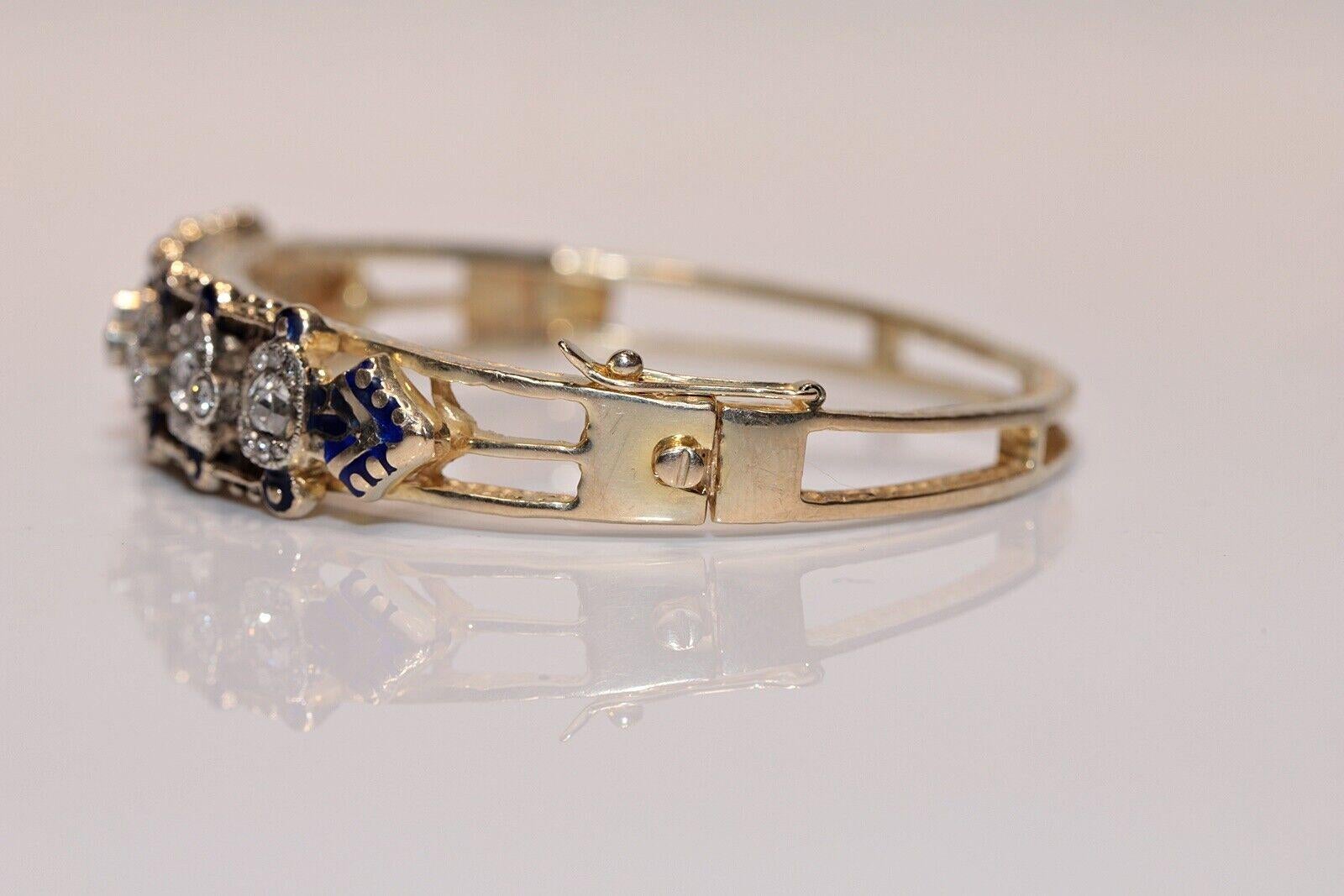 Women's Antique Circa 1900s 14k Gold Natural Rose Cut Diamond And Enamel Bracelet For Sale