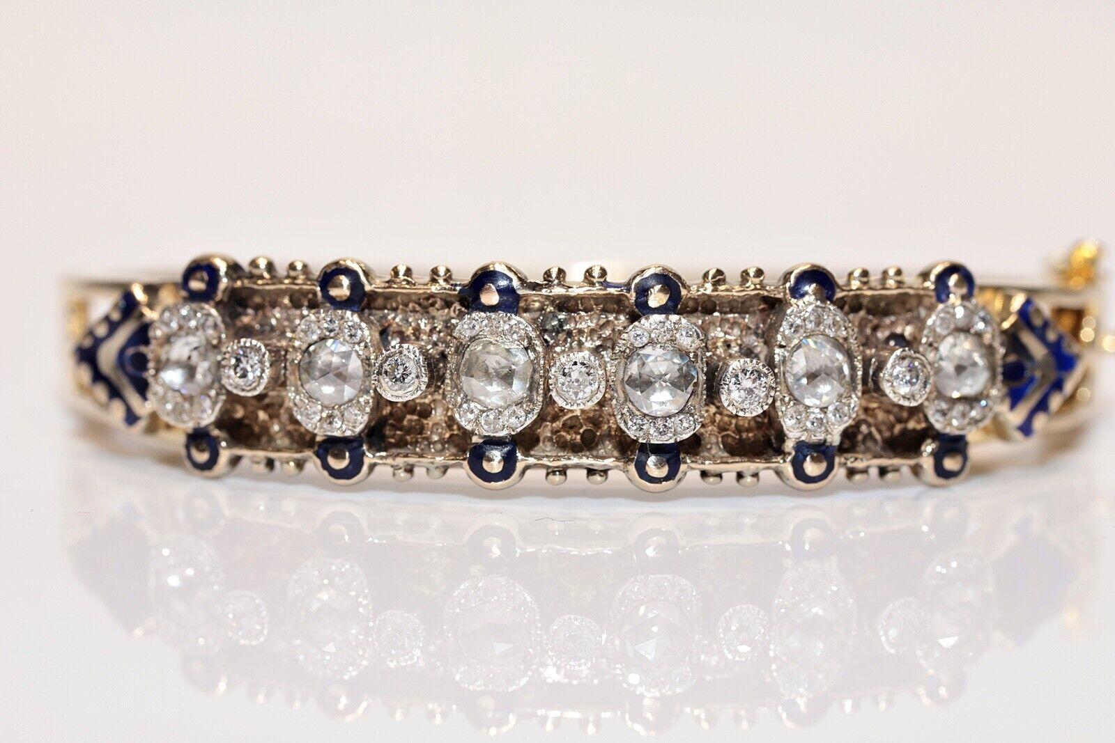 Bracelet ancien des années 1900 en or 14 carats, diamants naturels taille rose et émail Pour femmes en vente
