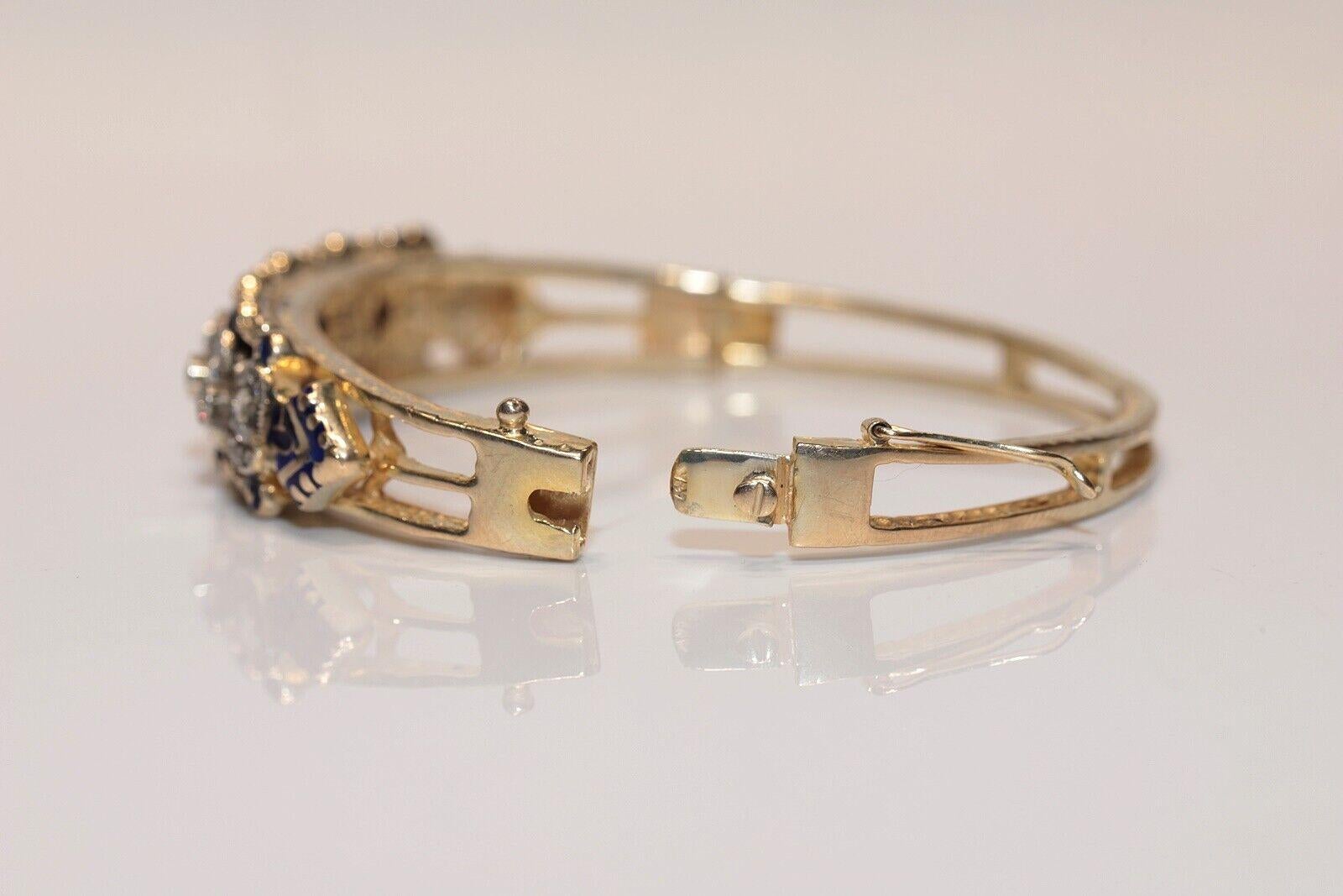 Bracelet ancien des années 1900 en or 14 carats, diamants naturels taille rose et émail en vente 1