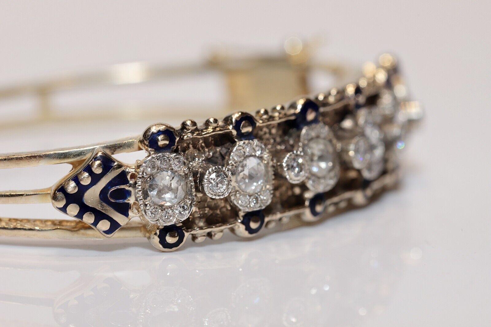 Antique Circa 1900s 14k Gold Natural Rose Cut Diamond And Enamel Bracelet For Sale 3