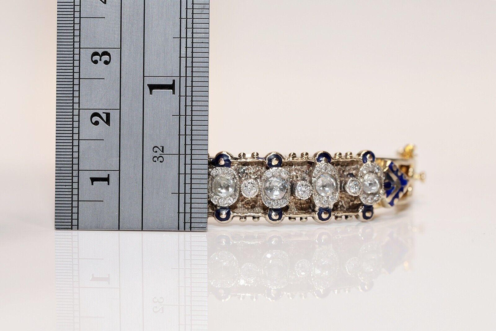 Bracelet ancien des années 1900 en or 14 carats, diamants naturels taille rose et émail en vente 3
