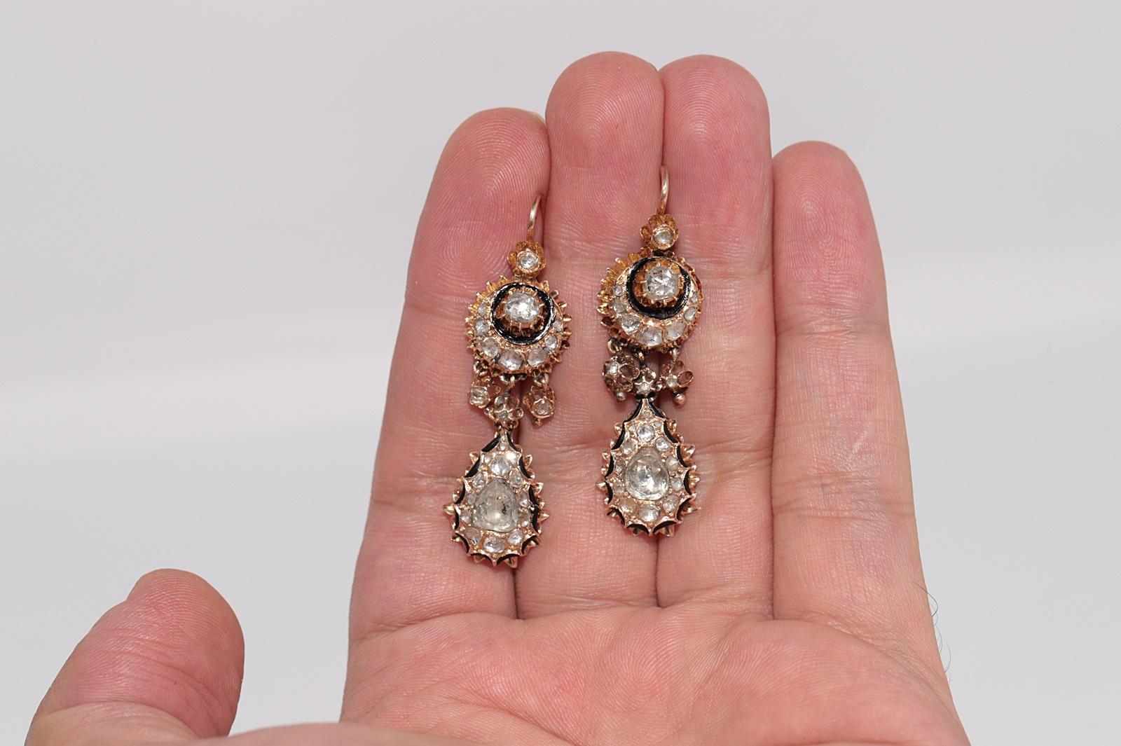 Antike CIRCA 1900s 14k Gold natürlichen Rosenschliff Diamant und Emaille Tropfen Ohrring im Angebot 6