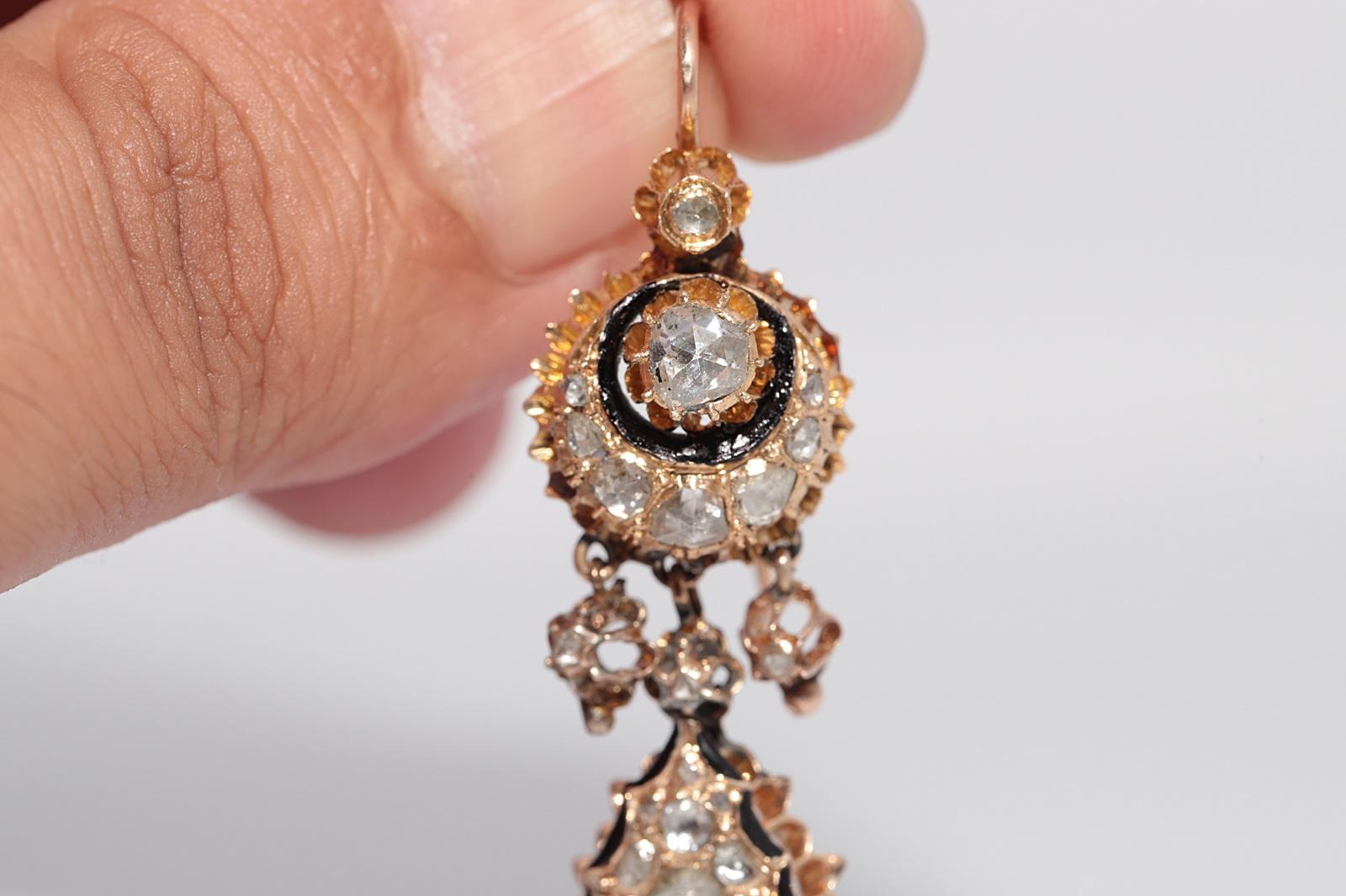 Antique Circa 1900s Or 14k Diamant naturel taille rose et boucle d'oreille pendante en émail en vente 7