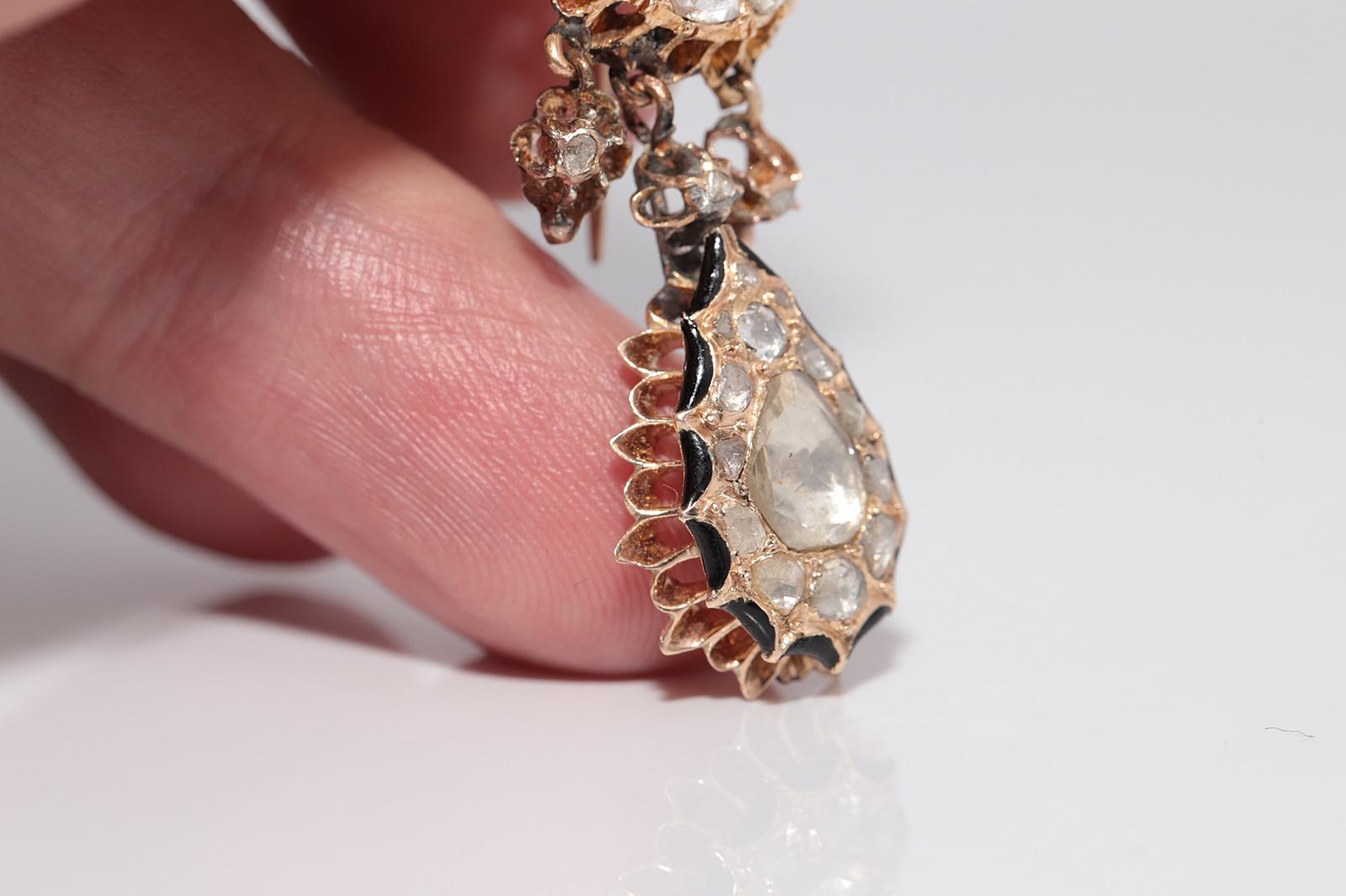 Antike CIRCA 1900s 14k Gold natürlichen Rosenschliff Diamant und Emaille Tropfen Ohrring im Angebot 9