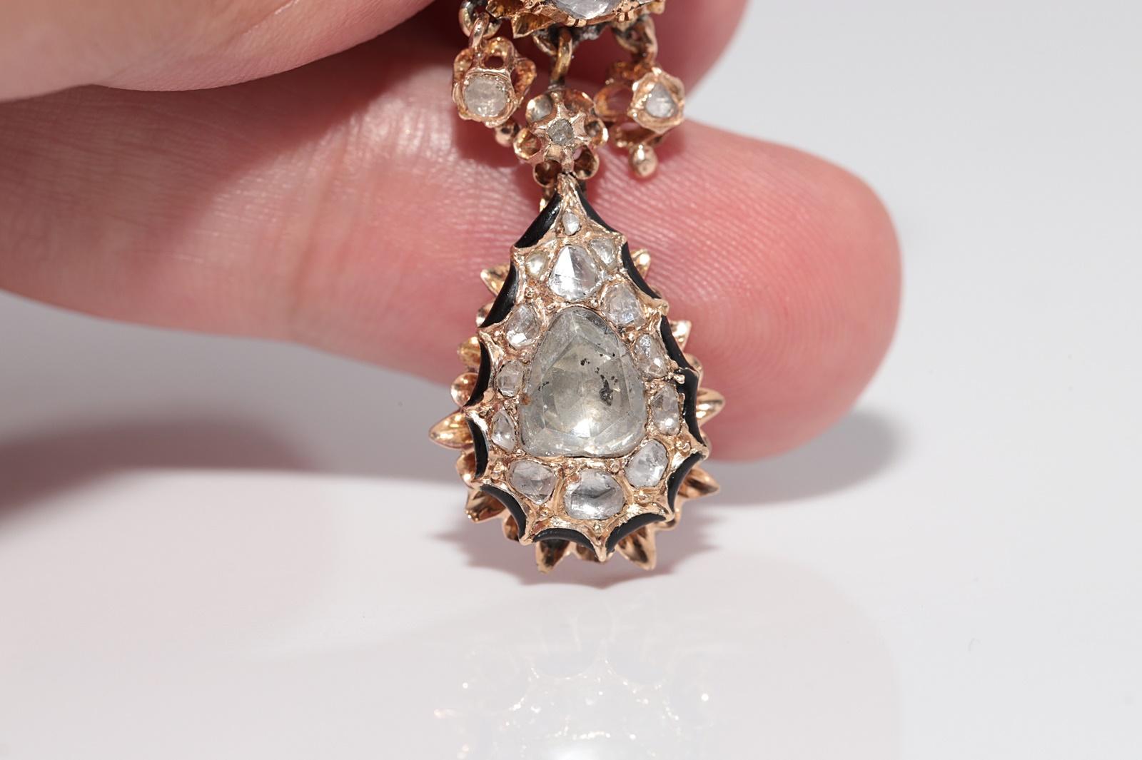 Antike CIRCA 1900s 14k Gold natürlichen Rosenschliff Diamant und Emaille Tropfen Ohrring im Angebot 10