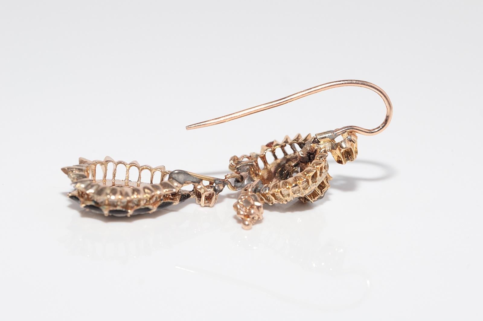 Antike CIRCA 1900s 14k Gold natürlichen Rosenschliff Diamant und Emaille Tropfen Ohrring im Angebot 11