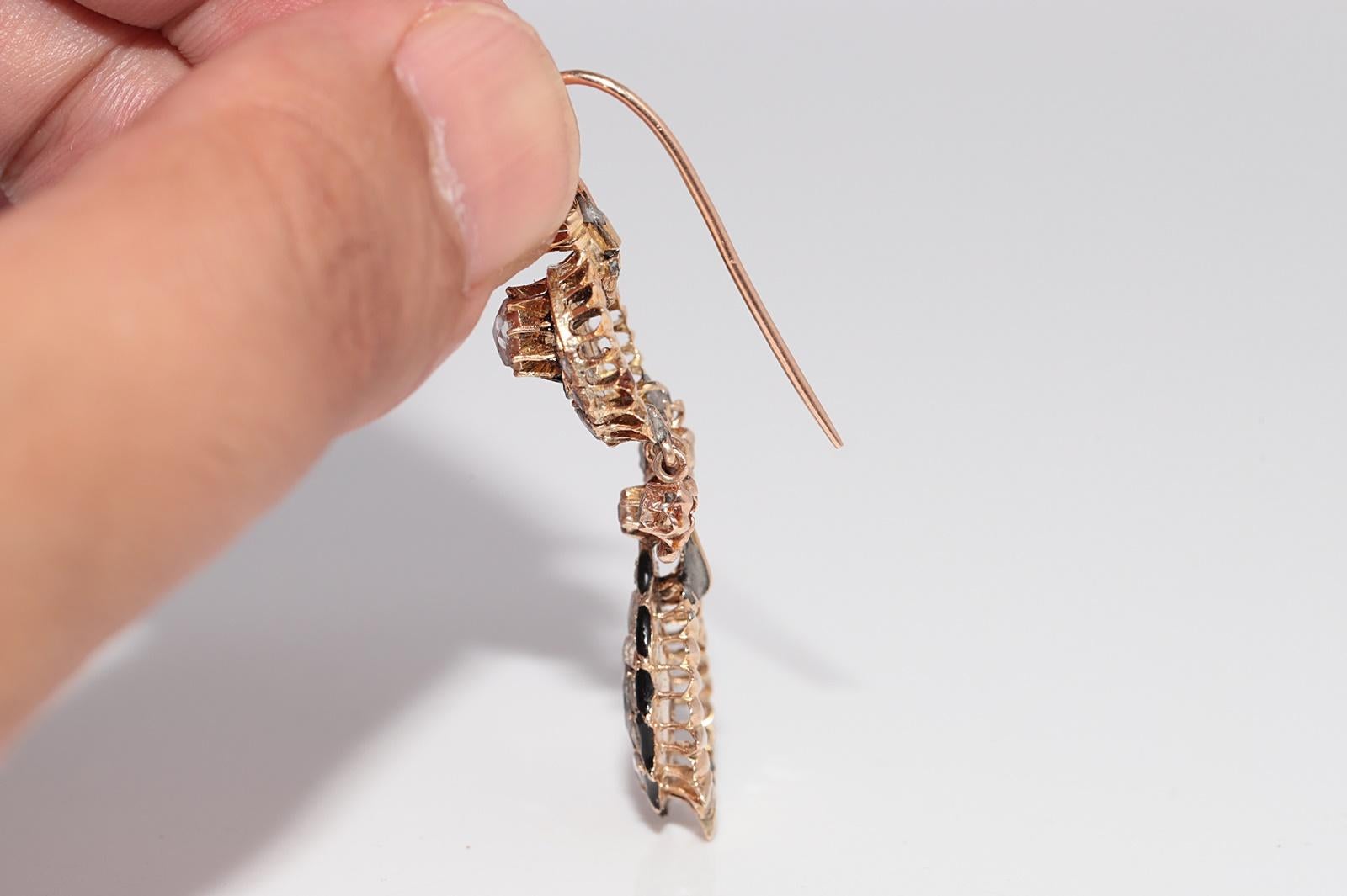 Antike CIRCA 1900s 14k Gold natürlichen Rosenschliff Diamant und Emaille Tropfen Ohrring im Angebot 14
