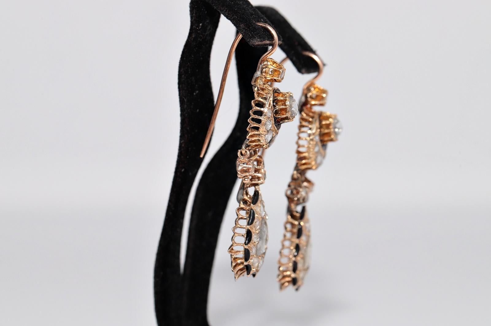 Antike CIRCA 1900s 14k Gold natürlichen Rosenschliff Diamant und Emaille Tropfen Ohrring (Viktorianisch) im Angebot