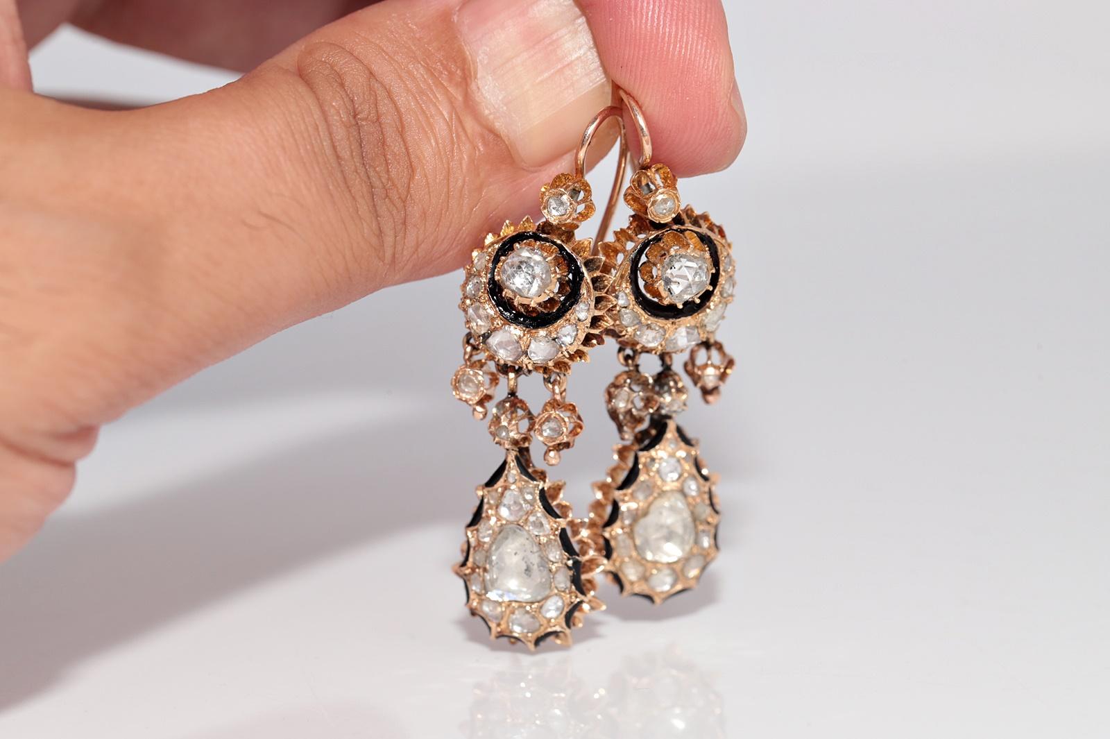 Antique Circa 1900s Or 14k Diamant naturel taille rose et boucle d'oreille pendante en émail Bon état - En vente à Fatih/İstanbul, 34
