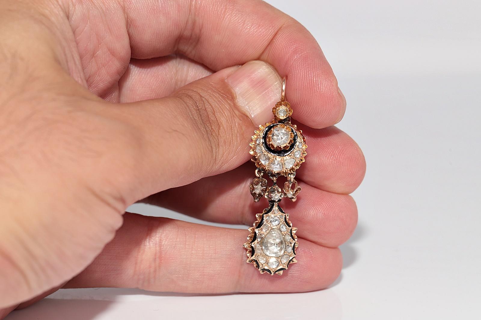 Antike CIRCA 1900s 14k Gold natürlichen Rosenschliff Diamant und Emaille Tropfen Ohrring im Angebot 1