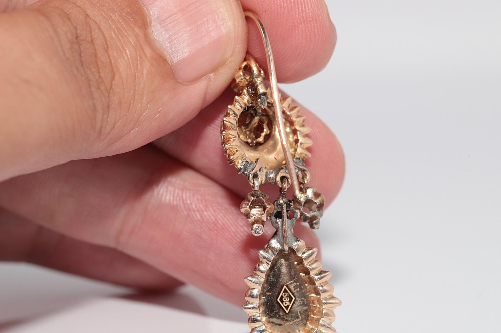 Antike CIRCA 1900s 14k Gold natürlichen Rosenschliff Diamant und Emaille Tropfen Ohrring im Angebot 4