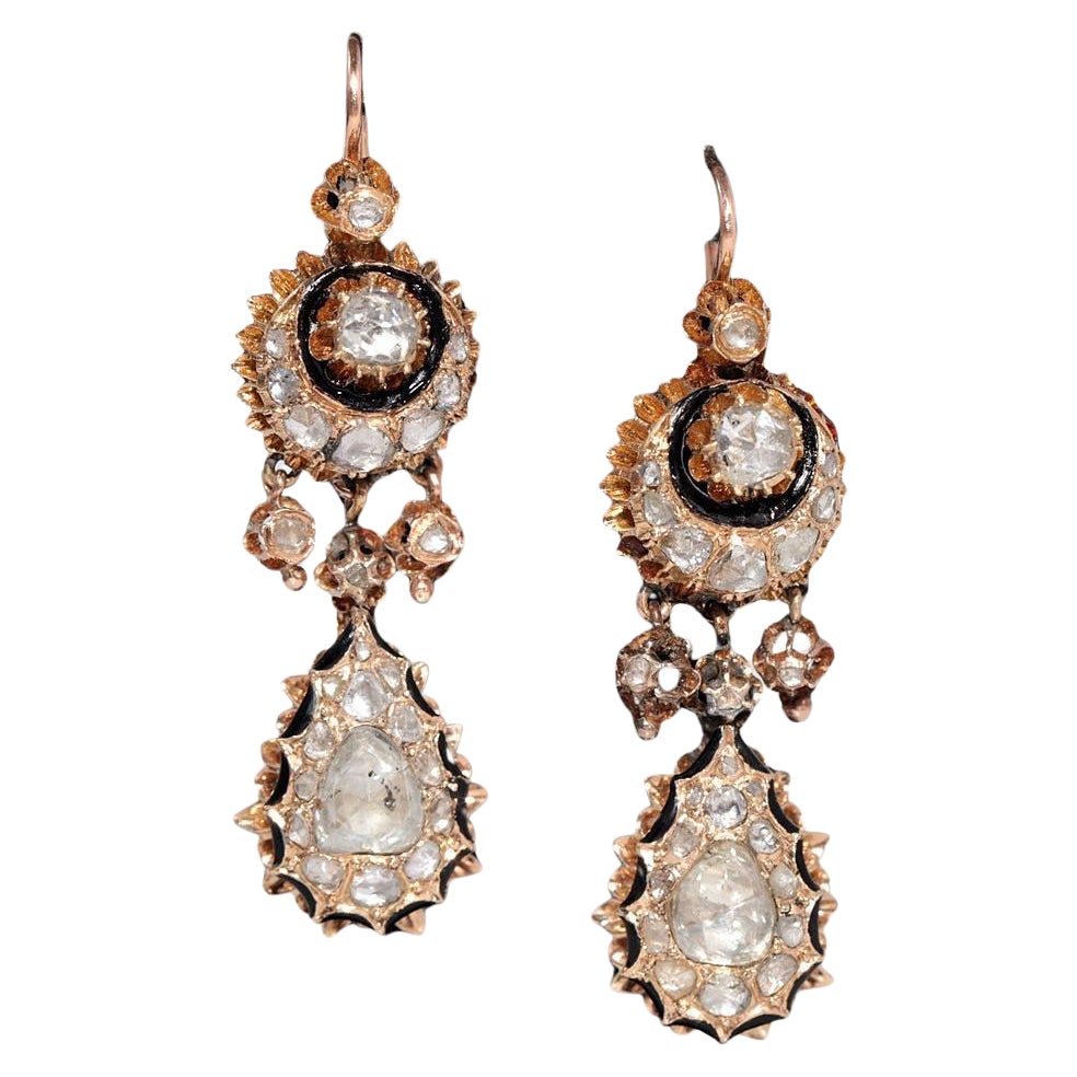 Antico orecchino a goccia in oro 14k con diamante naturale taglio rosa e smalto del 1900 CIRCA