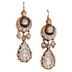 Antico orecchino a goccia in oro 14k con diamante naturale taglio rosa e smalto del 1900 CIRCA