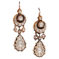 Antique Circa 1900s Or 14k Diamant naturel taille rose et boucle d'oreille pendante en émail