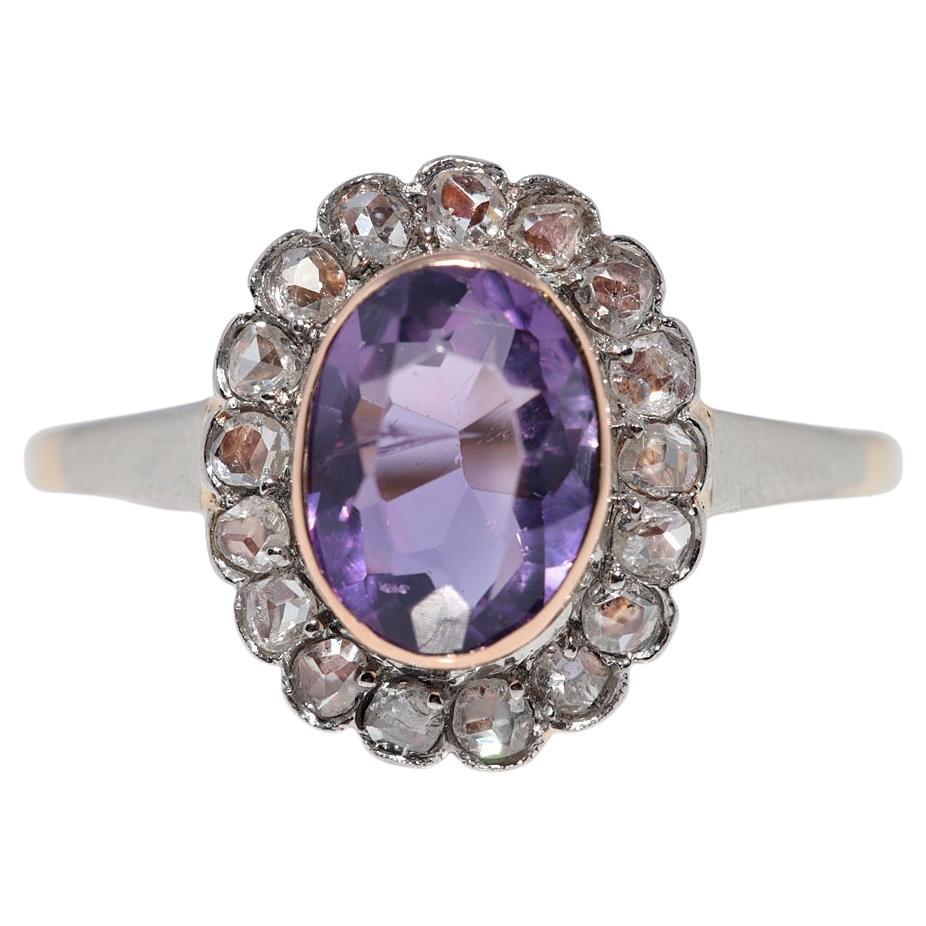 Antique Circa 1900s 14k Gold Natural Rose Cut Diamond And Oval Cut Amethyst Ring For Sale